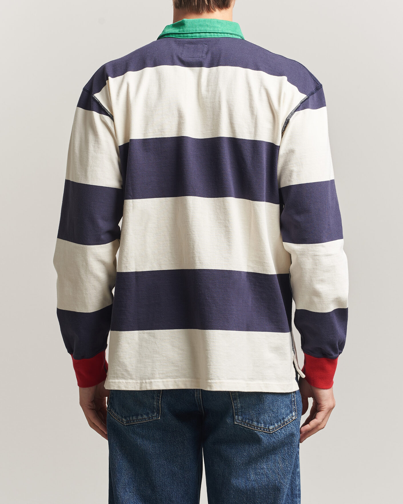 Herre | Trøjer | Drake's | Dual Block Stripe Rugby Whie/Navy