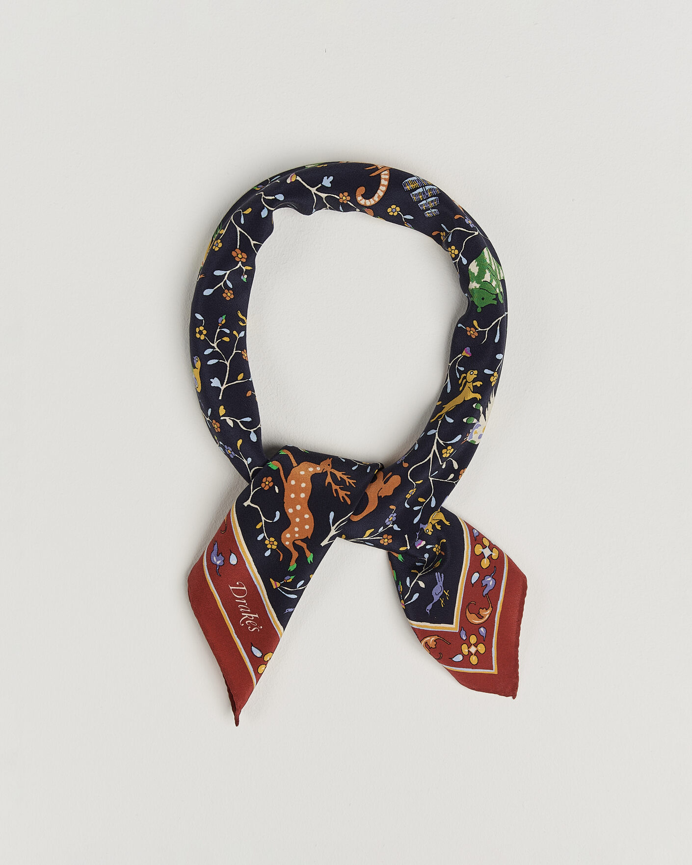 Herre | Tørklæde | Drake's | Animals And Flowers Print Crepe Silk Bandana Blue