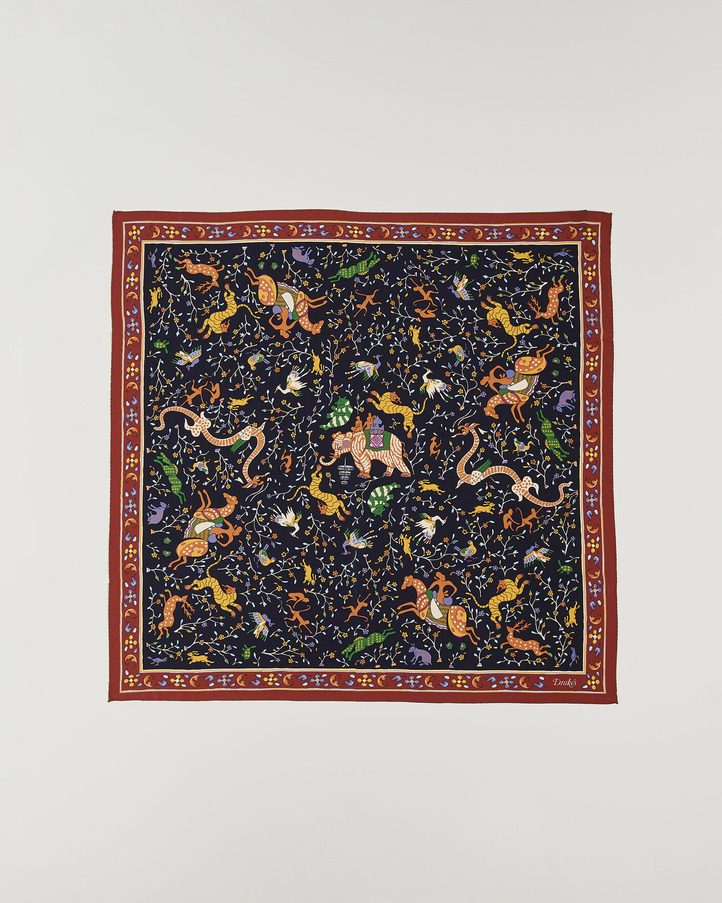 Herre | Tørklæde | Drake's | Animals And Flowers Print Crepe Silk Bandana Blue