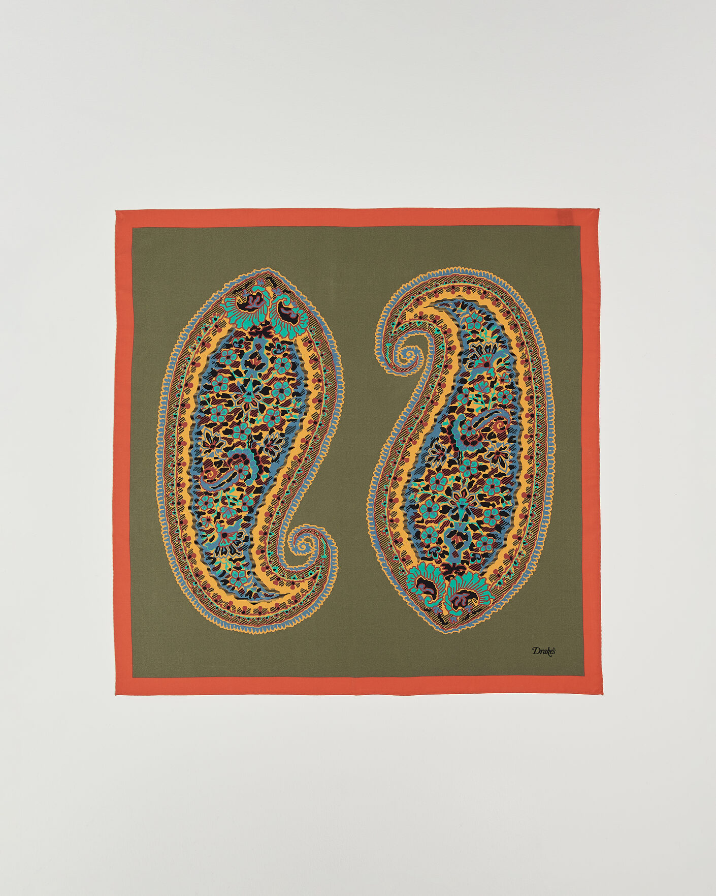 Herre | Tørklæde | Drake's | Paisley Print Crepe Silk Bandana Olive