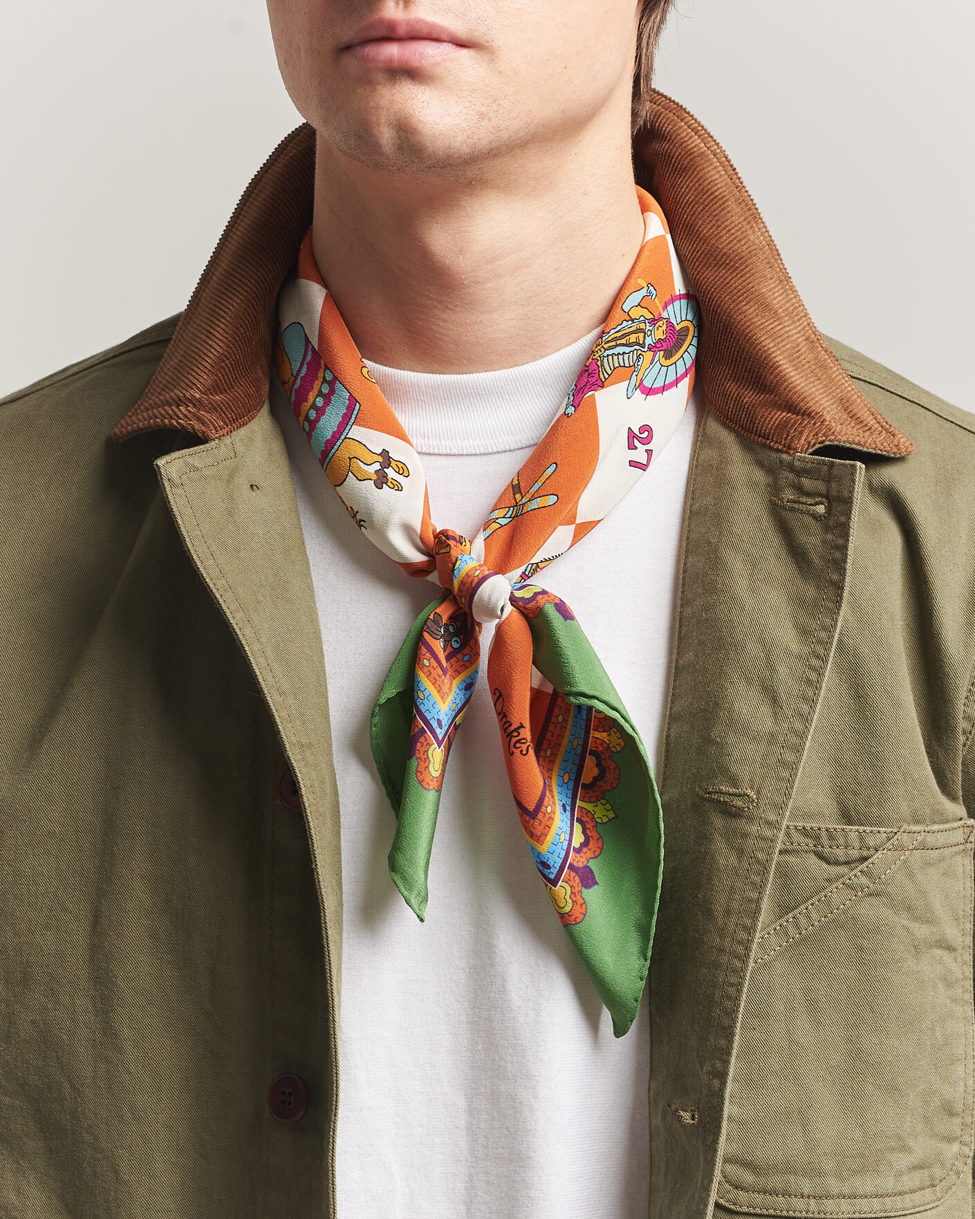 Herre | Tørklæde | Drake's | Snakes & Ladders Print Crepe Silk Bandana Green