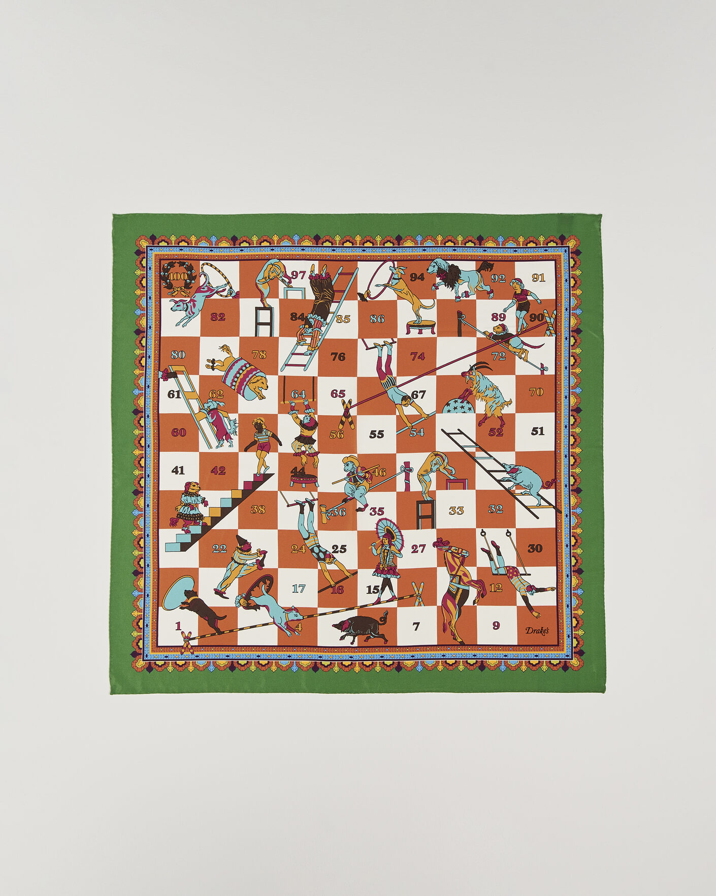 Herre | Tørklæde | Drake's | Snakes & Ladders Print Crepe Silk Bandana Green