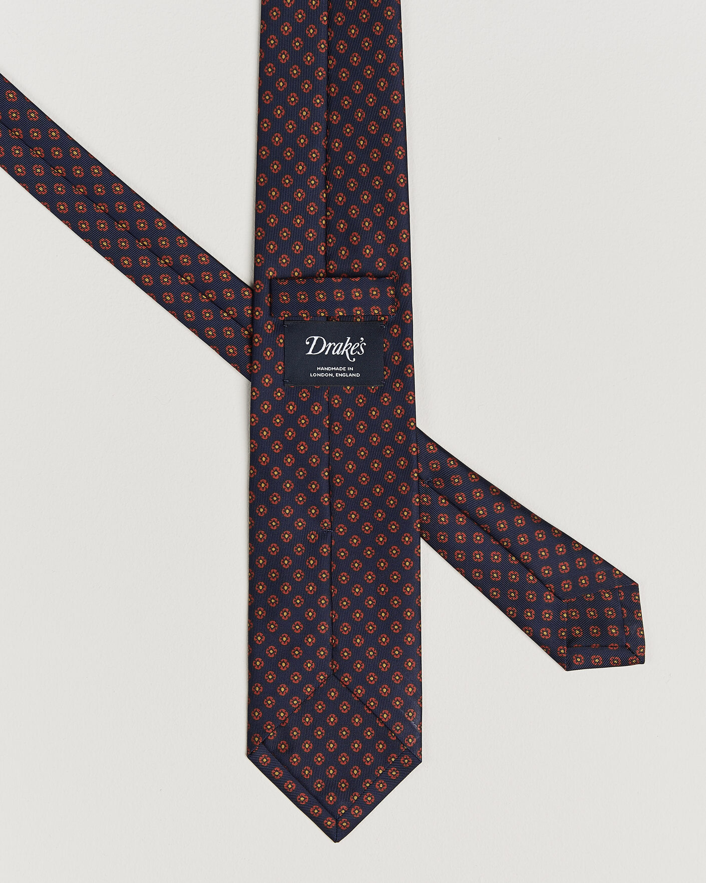 Herre | Slips | Drake's | Square Flowers Pattern Silk Tie Navy