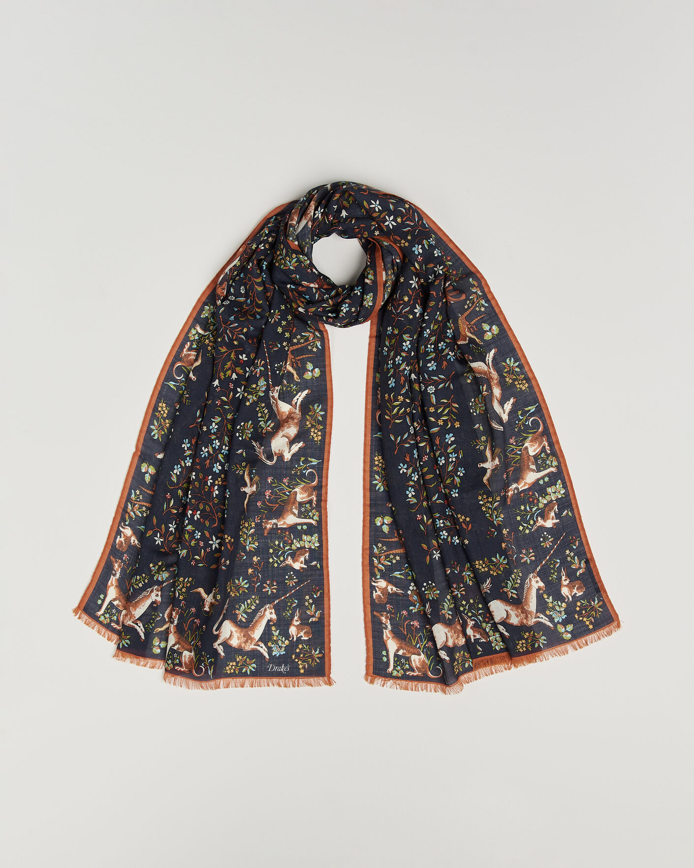 Herre | Tørklæde | Drake's | Unicorn Garden Wool/Silk Print Scarf Navy