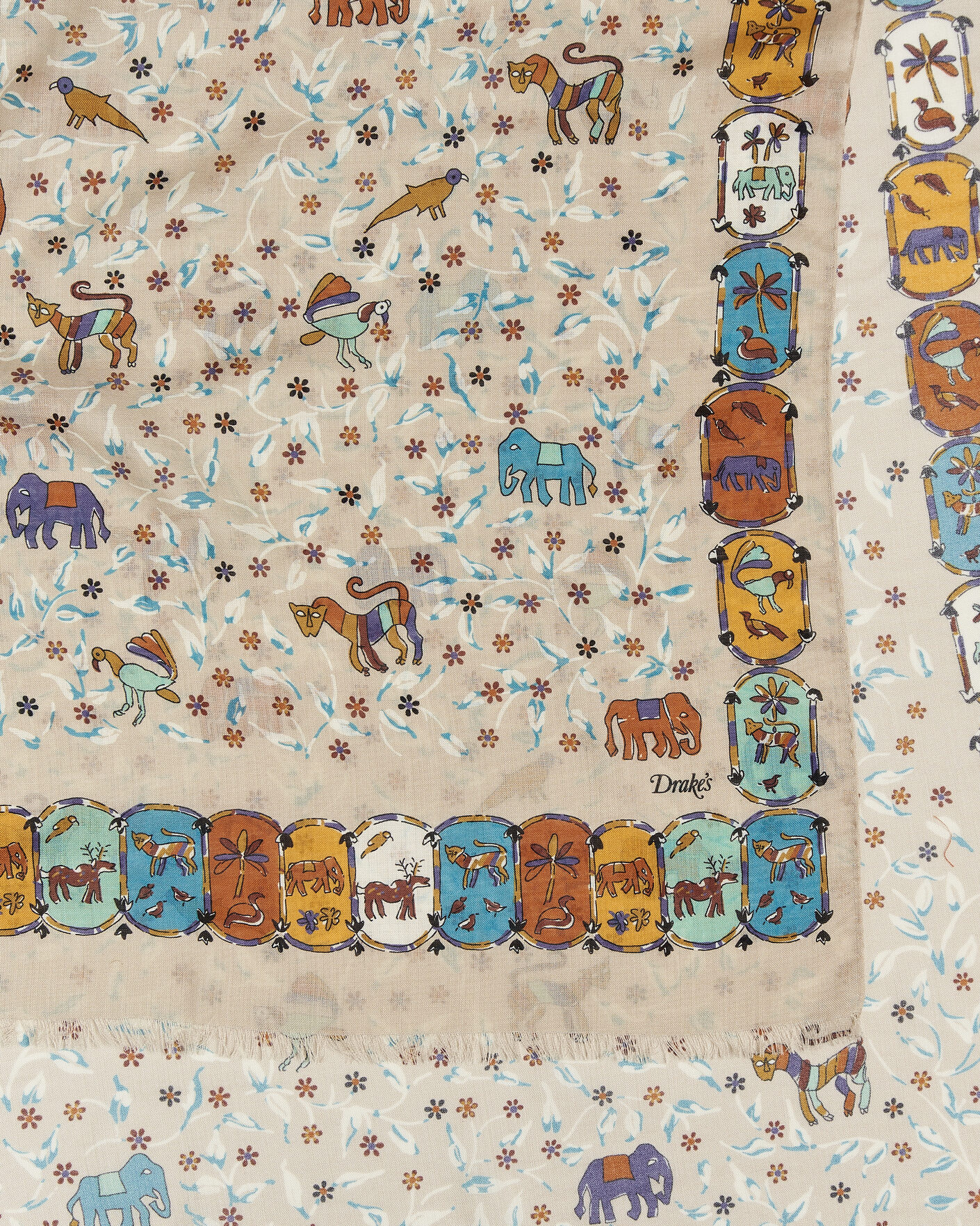 Herre | Tørklæde | Drake's | Loose Animal Wool/Silk Print Scarf Beige