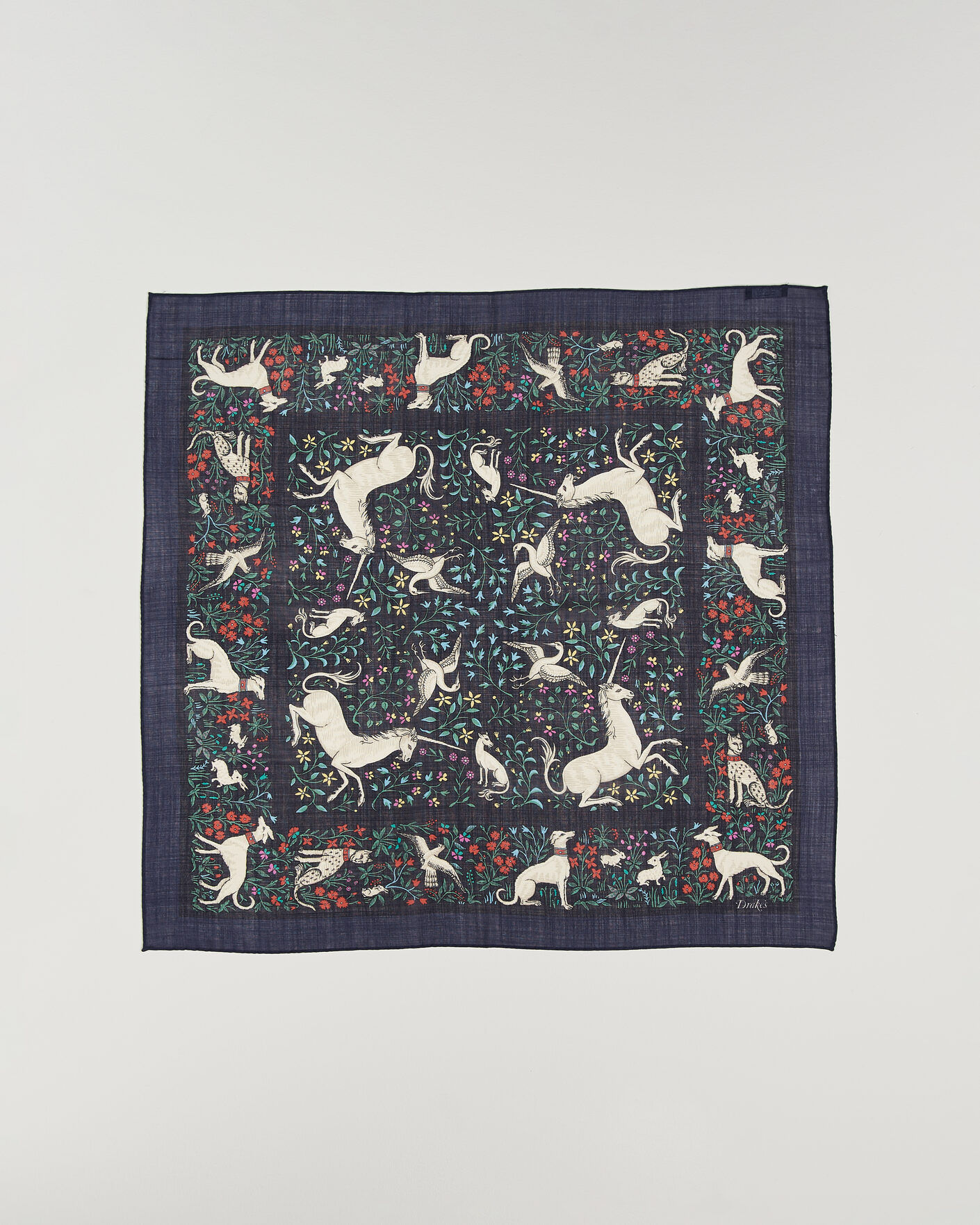 Herre | Tørklæde | Drake's | Unicorn Print Wool/Silk Bandana Navy