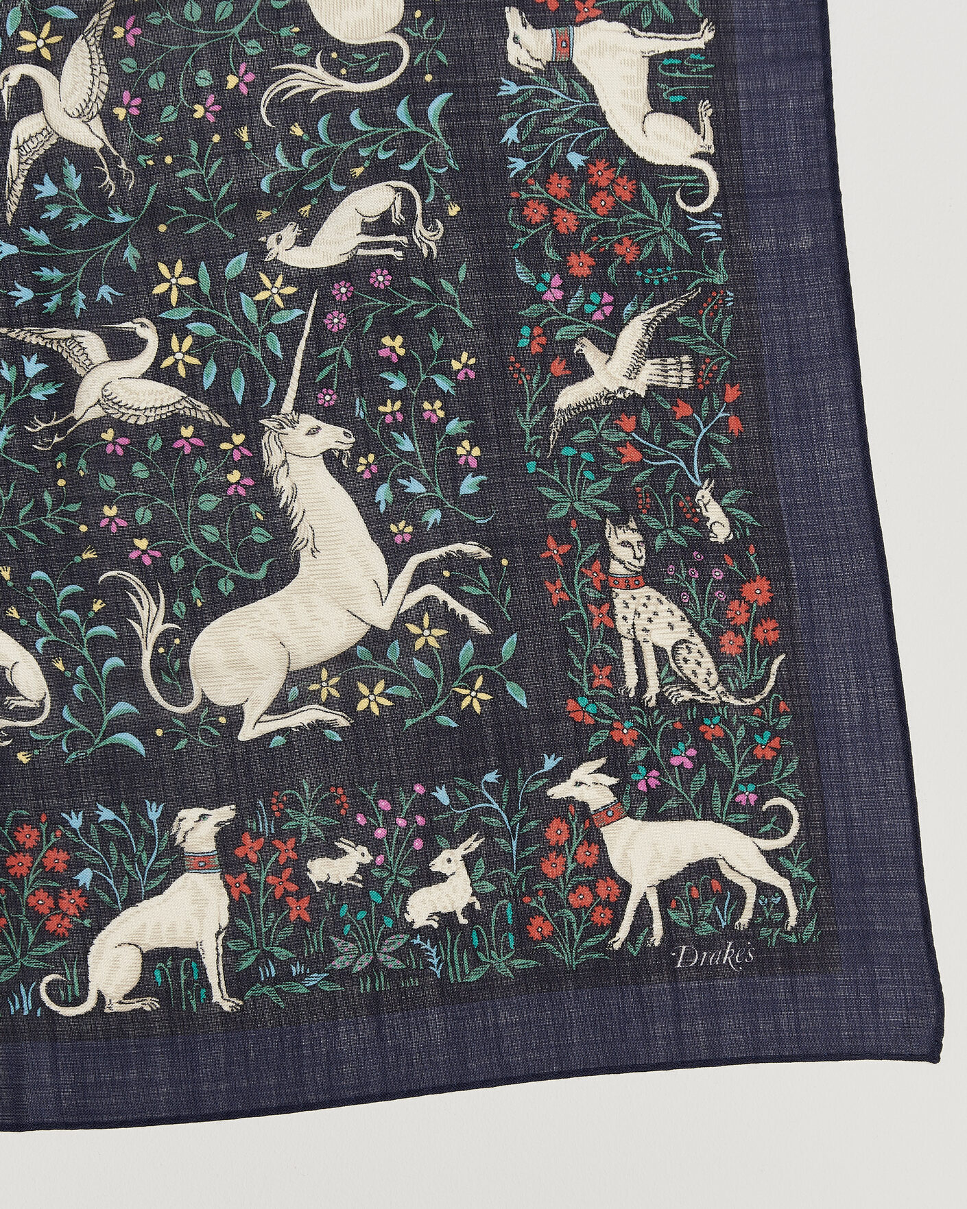 Herre | Tørklæde | Drake's | Unicorn Print Wool/Silk Bandana Navy