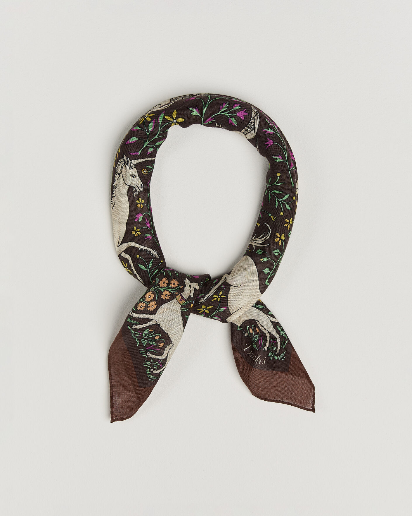 Herre | Tørklæde | Drake's | Unicorn Print Wool/Silk Bandana Brown