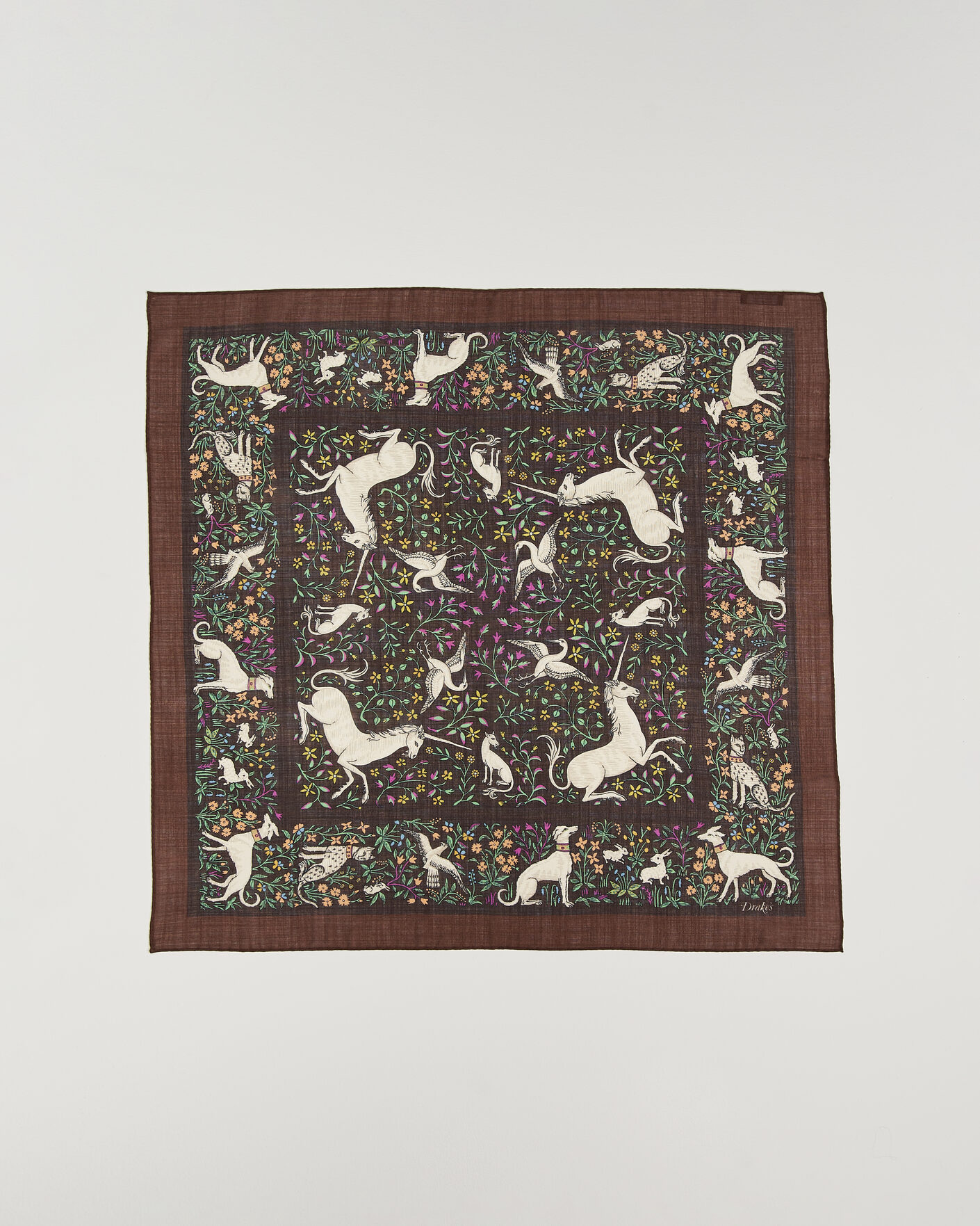 Herre | Tørklæde | Drake's | Unicorn Print Wool/Silk Bandana Brown