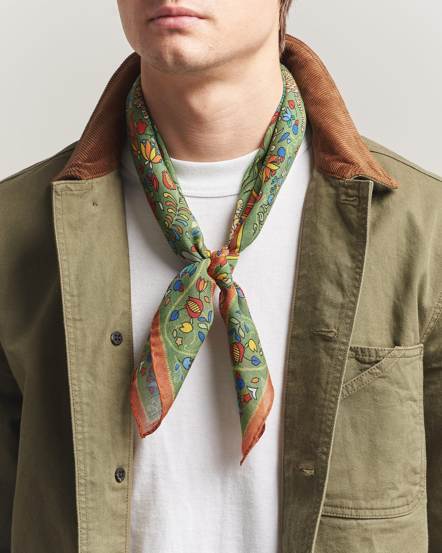 Herre | Tørklæde | Drake's | Tiger Garden Wool/Silk Bandana Green