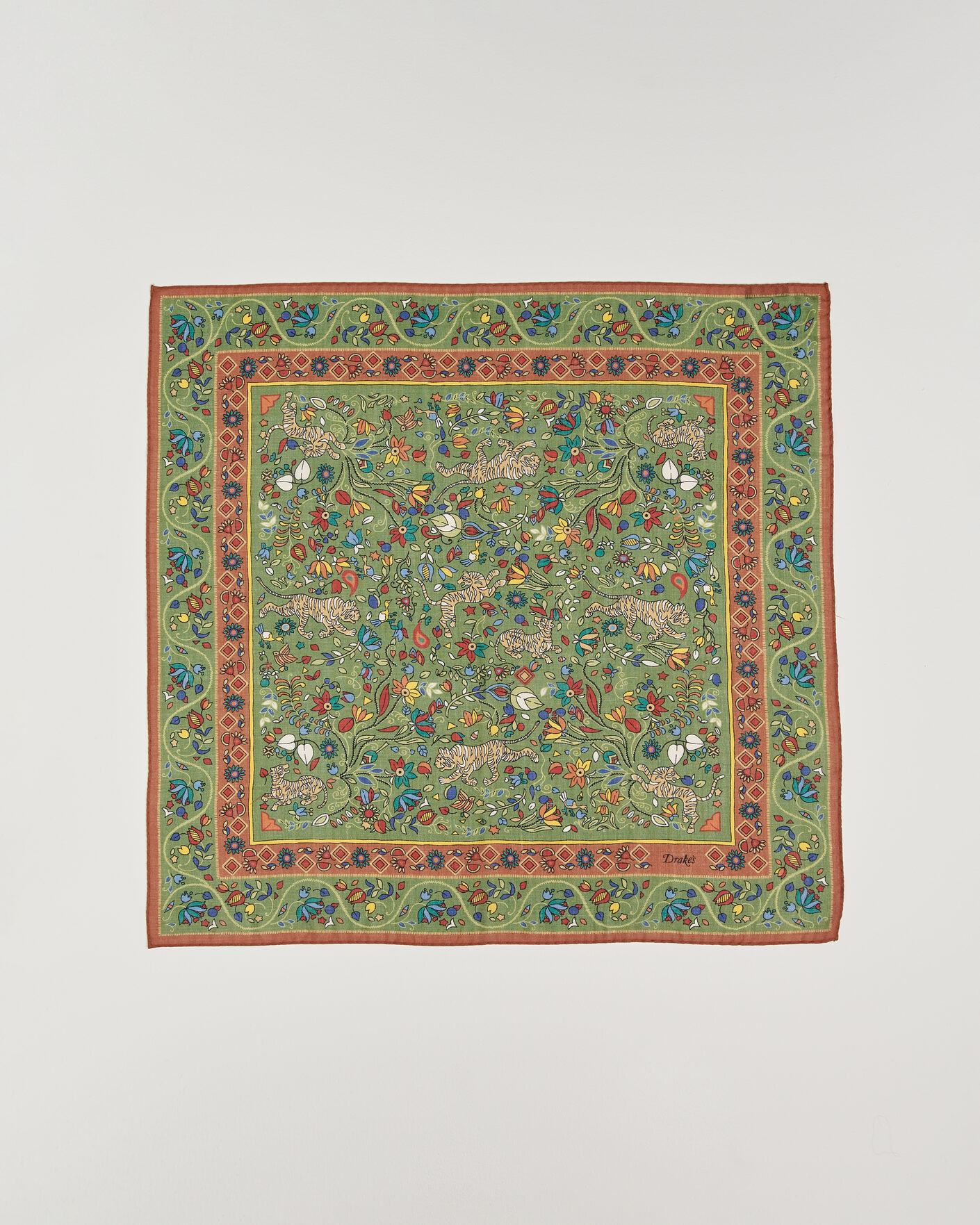 Herre | Tørklæde | Drake's | Tiger Garden Wool/Silk Bandana Green