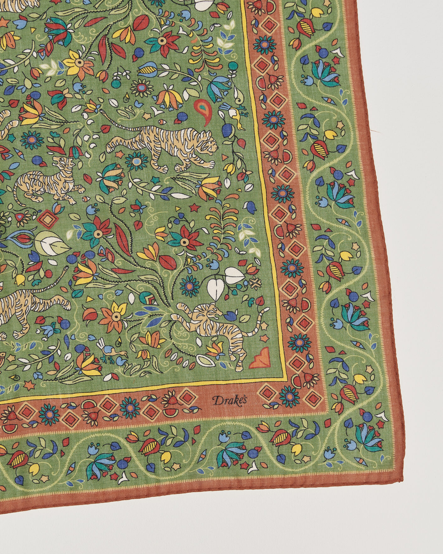 Herre | Tørklæde | Drake's | Tiger Garden Wool/Silk Bandana Green