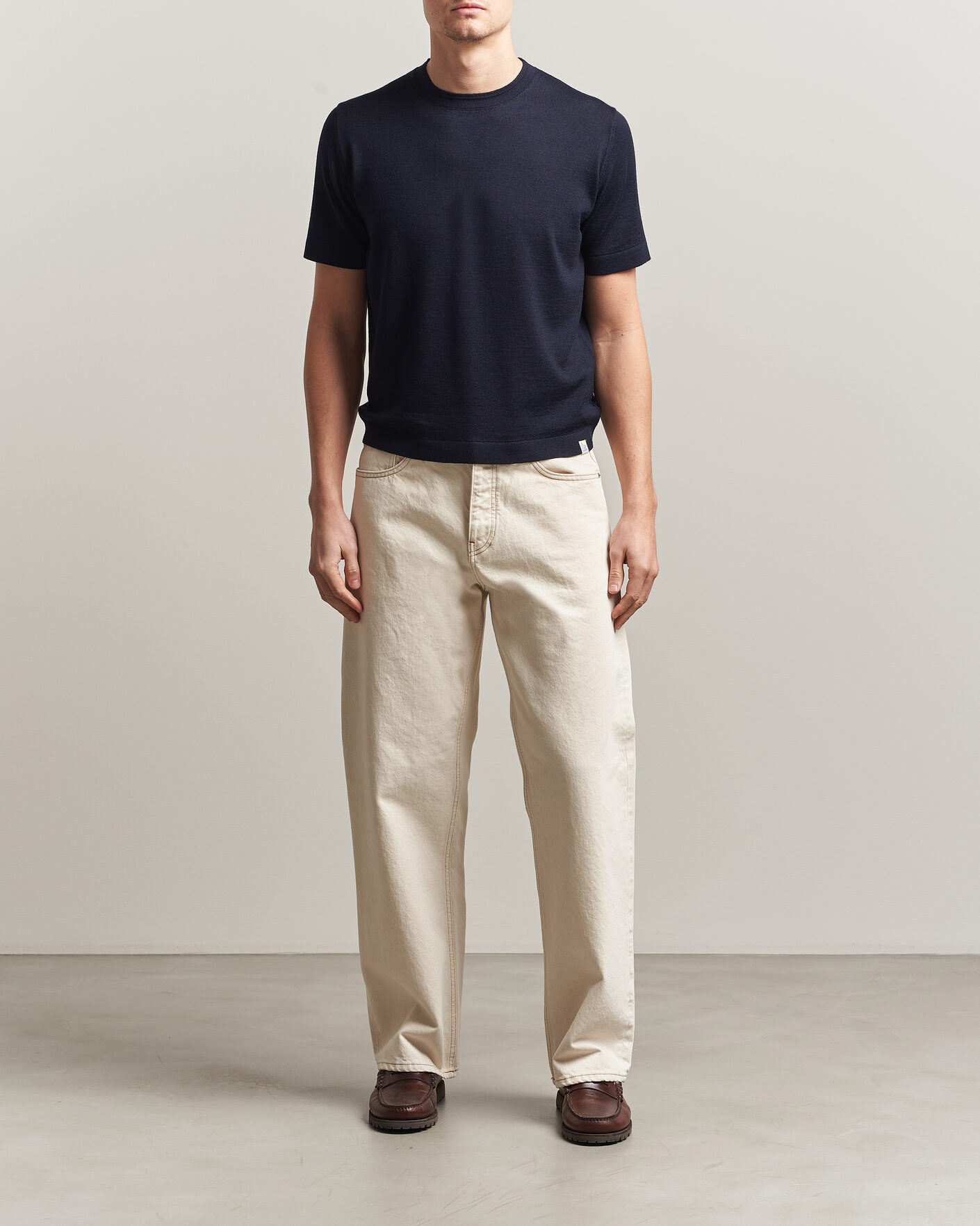 Herre | T-Shirts | Merz b. Schwanen | Relaxed Fit Merino Knitted T-Shirt Dark Navy