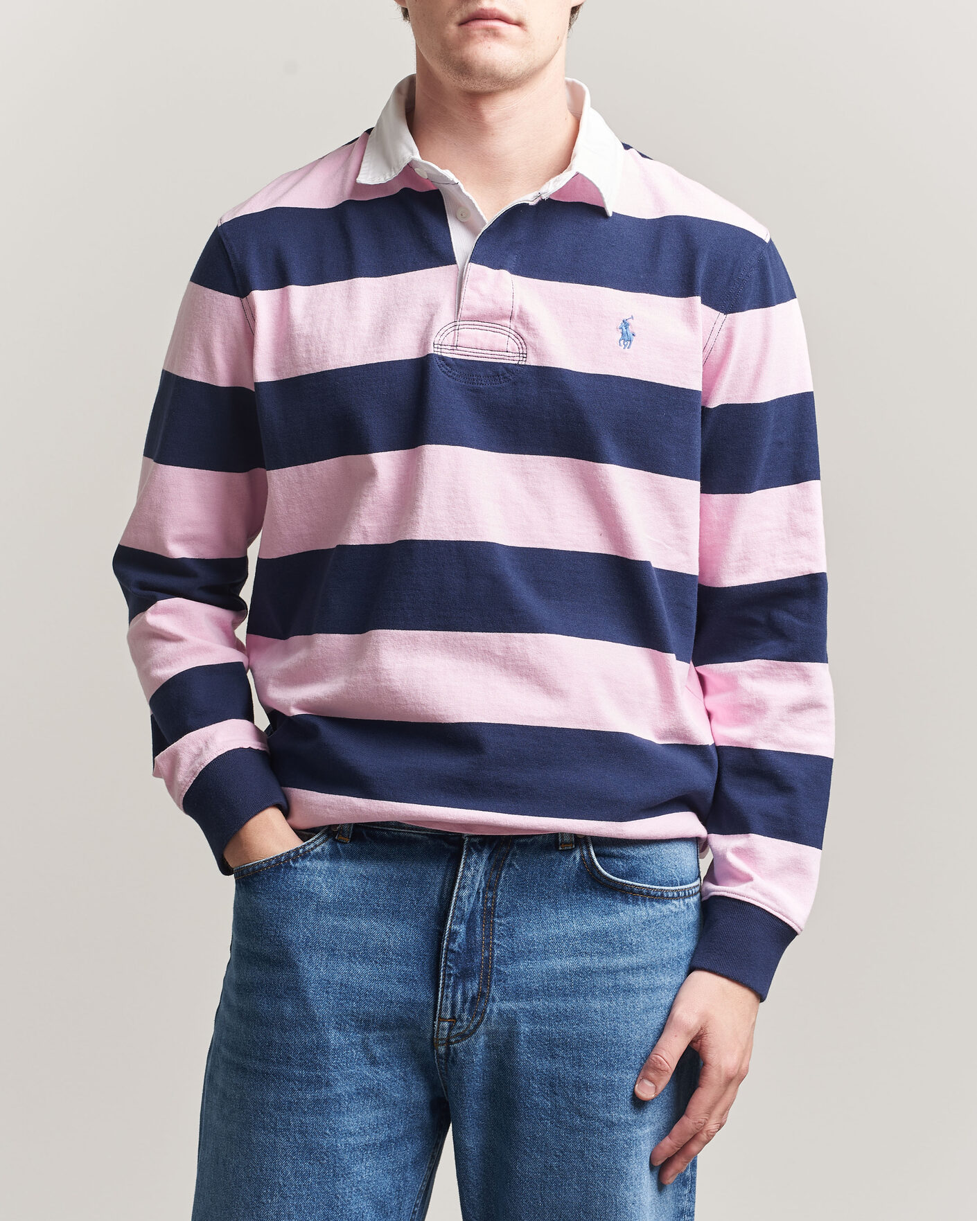 Herre | Trøjer | Polo Ralph Lauren | Jersey Striped Rugger Carmel Pink/Newport Navy