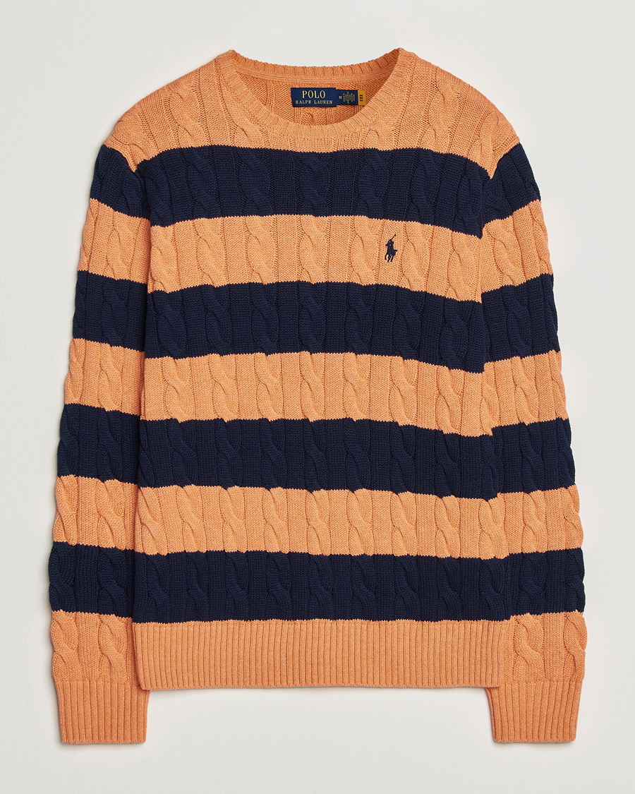 Herre | Trøjer | Polo Ralph Lauren | Striped Cotton Cable Sweater Orange Navy Combo