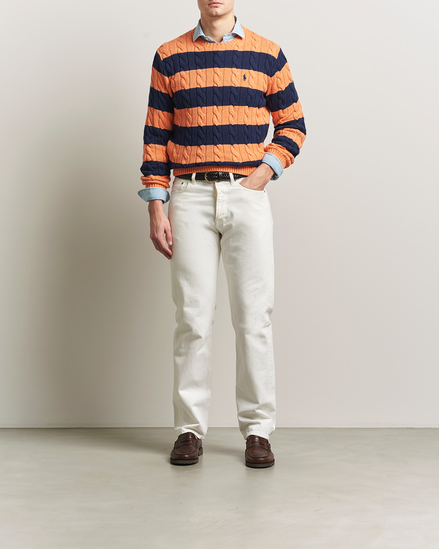 Herre | Trøjer | Polo Ralph Lauren | Striped Cotton Cable Sweater Orange Navy Combo