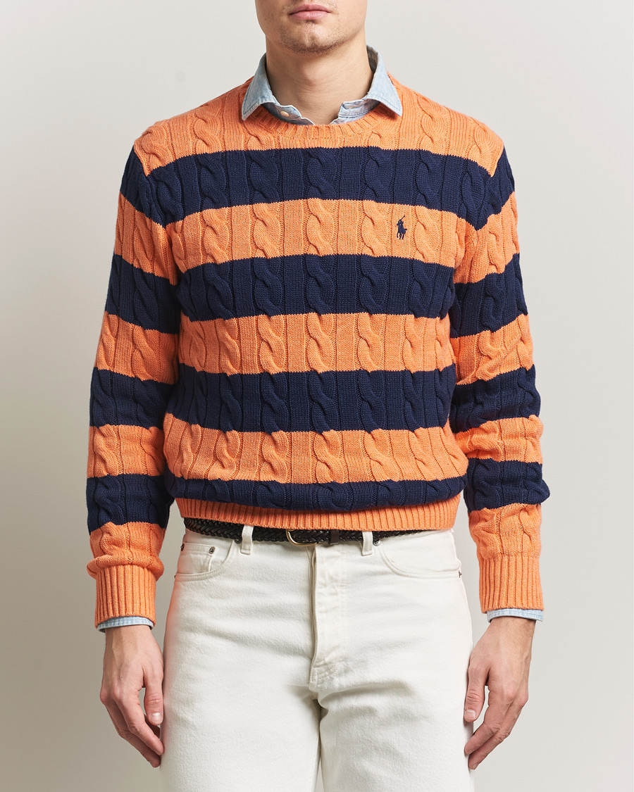 Herre | Trøjer | Polo Ralph Lauren | Striped Cotton Cable Sweater Orange Navy Combo