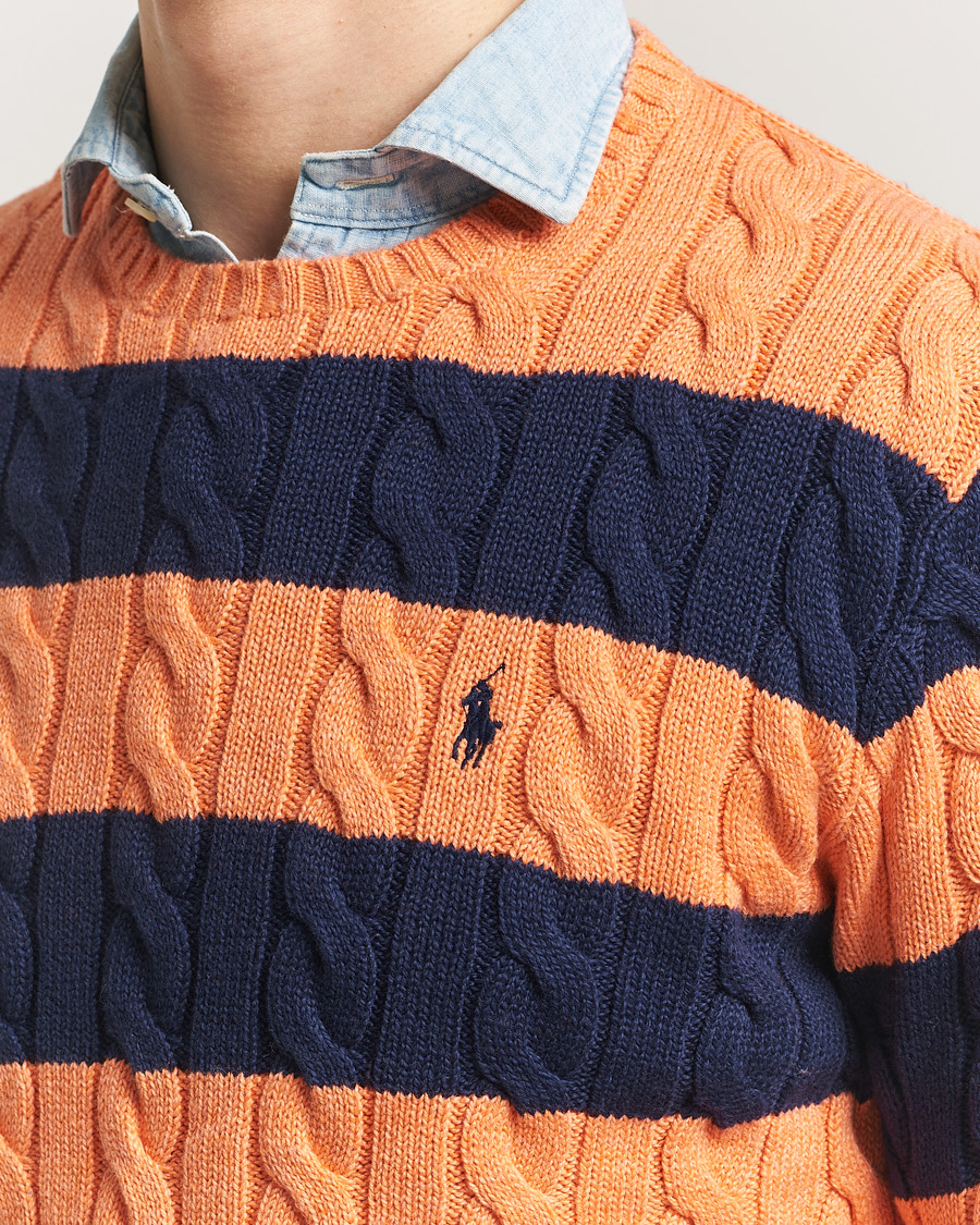 Herre | Trøjer | Polo Ralph Lauren | Striped Cotton Cable Sweater Orange Navy Combo