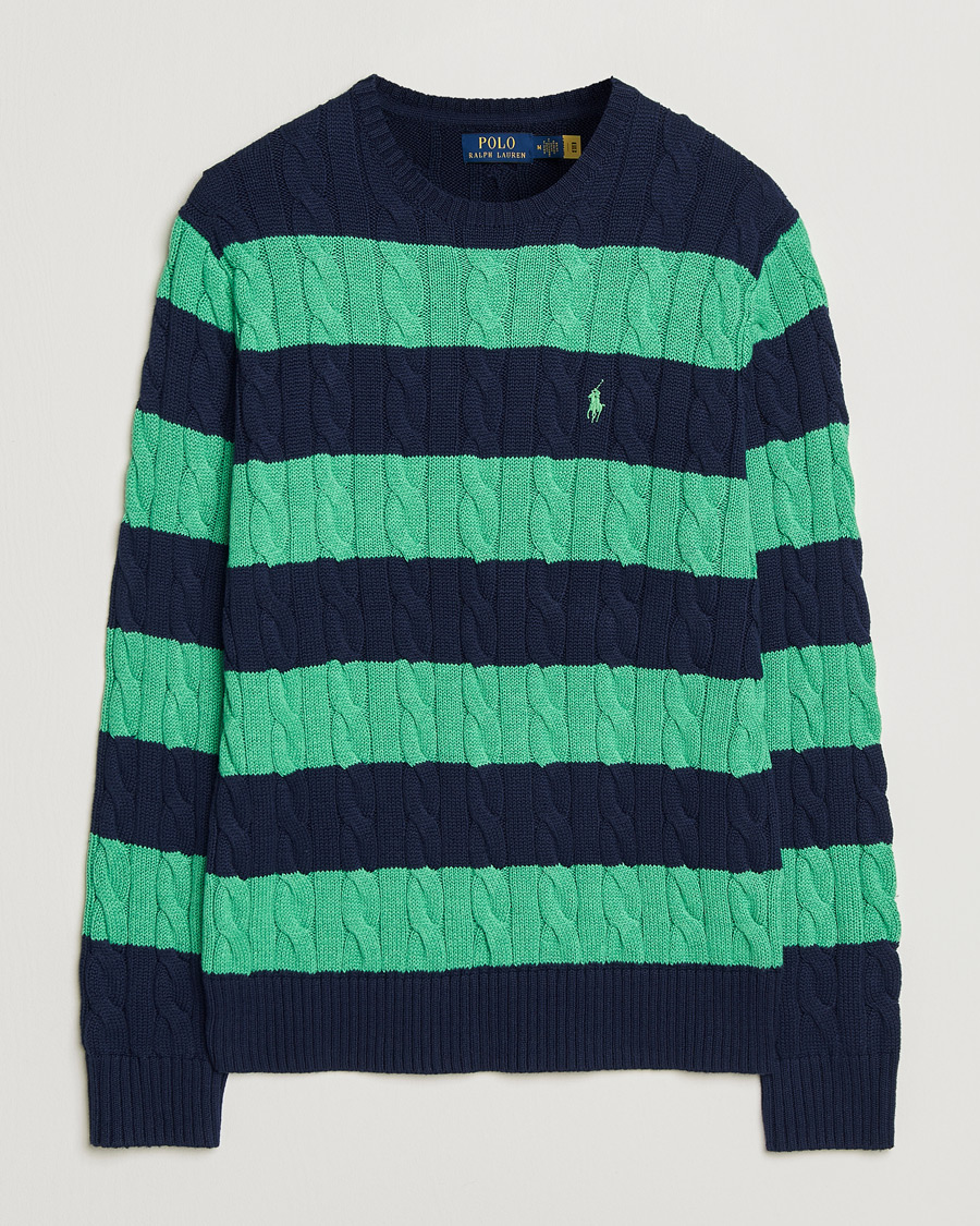 Herre | Trøjer | Polo Ralph Lauren | Striped Cotton Cable Sweater Navy Green Combo