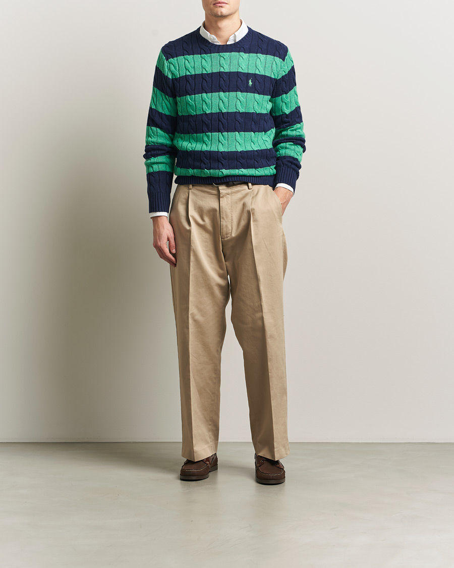 Herre | Trøjer | Polo Ralph Lauren | Striped Cotton Cable Sweater Navy Green Combo