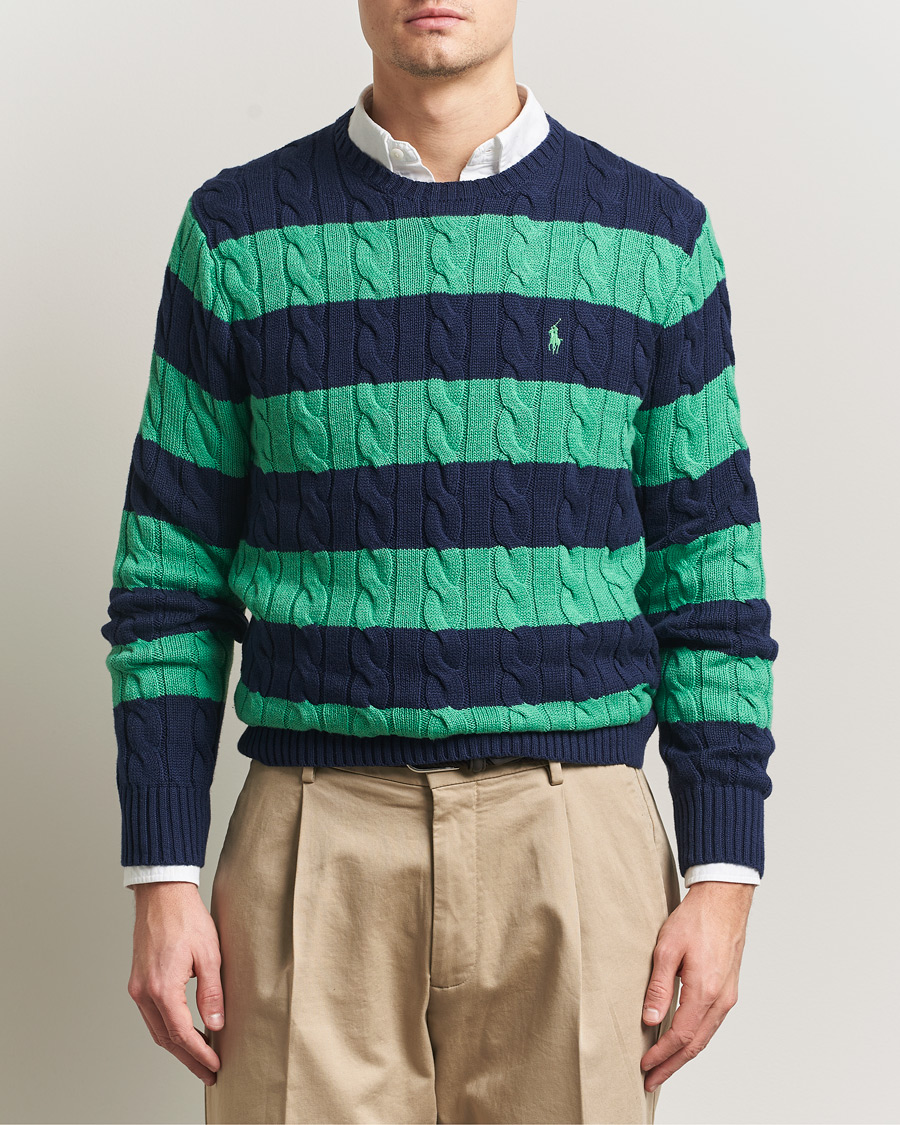 Herre | Trøjer | Polo Ralph Lauren | Striped Cotton Cable Sweater Navy Green Combo