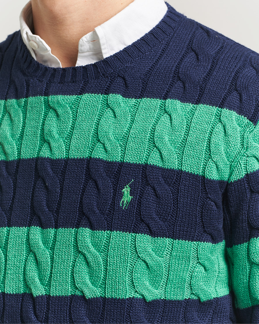 Herre | Trøjer | Polo Ralph Lauren | Striped Cotton Cable Sweater Navy Green Combo