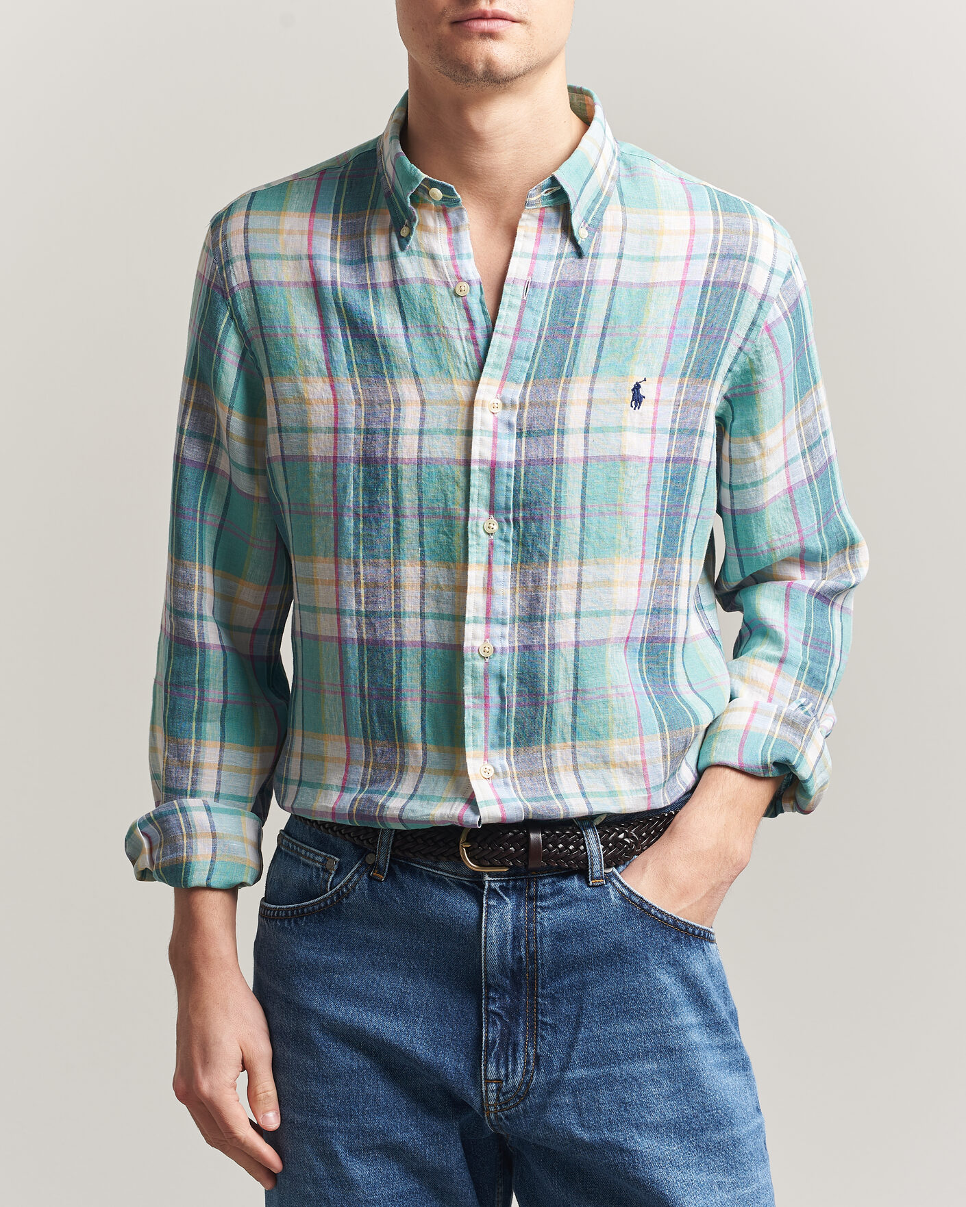 Herre | Skjorter | Polo Ralph Lauren | Custom Fit Check Linen Shirt Green/Blue/White