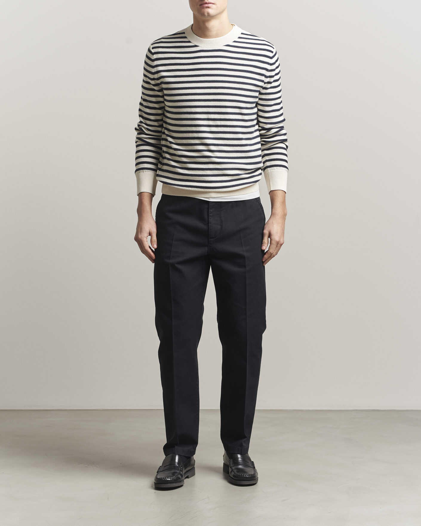 Herre | Trøjer | A.P.C. | Paul Striped Knitted Sweater Ecru/Dark Navy