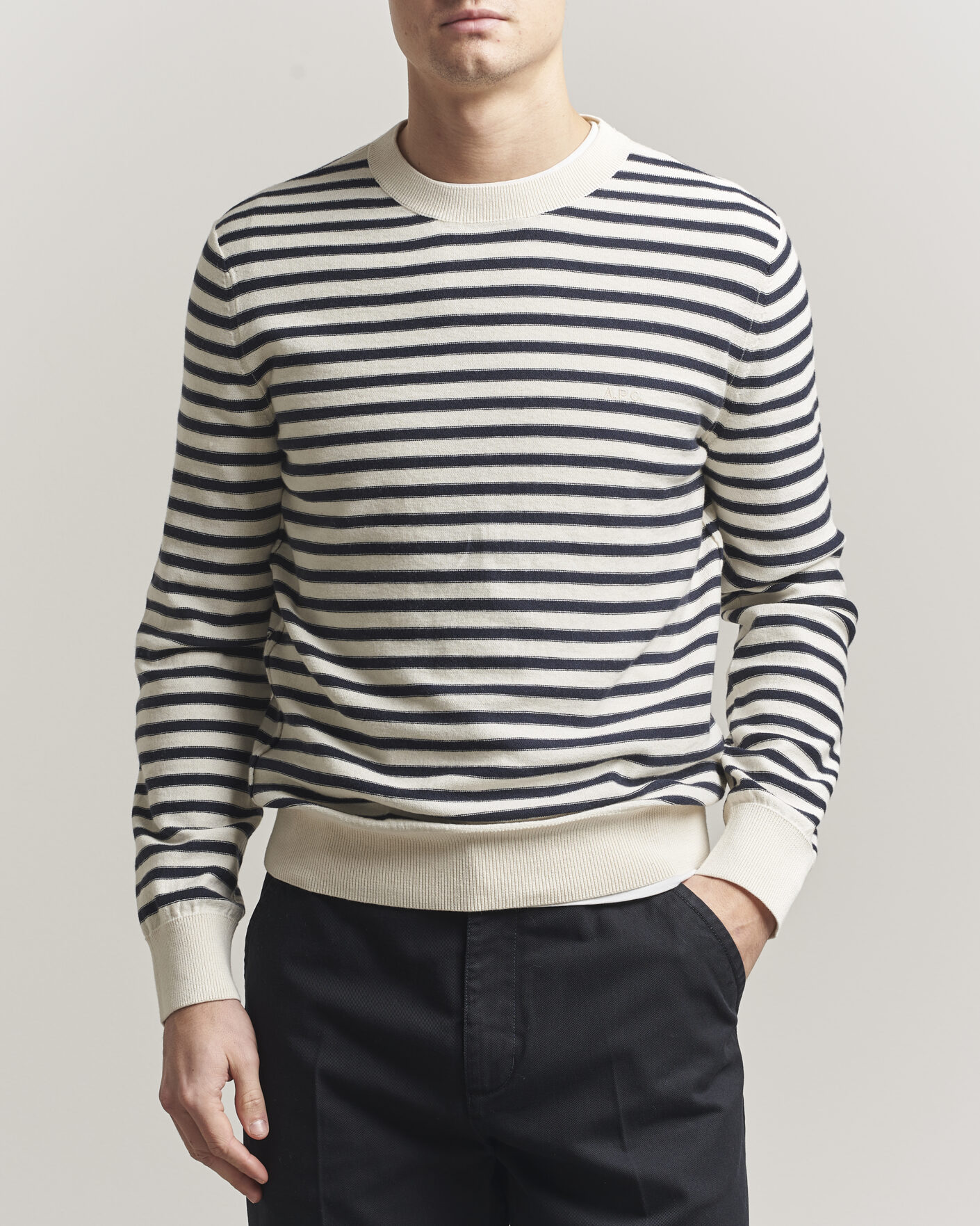 Herre | Trøjer | A.P.C. | Paul Striped Knitted Sweater Ecru/Dark Navy