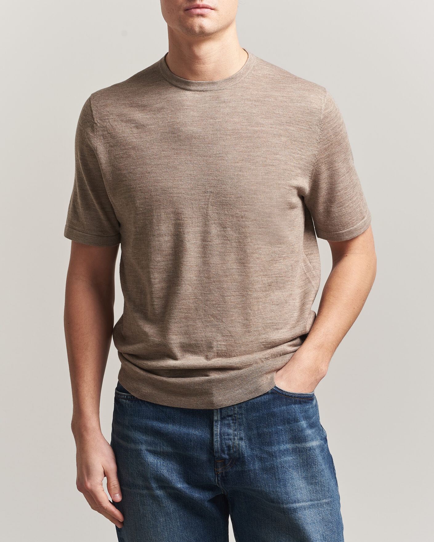 Herre | T-Shirts | Tiger of Sweden | Connor Merino Knitted T-Shirt Beige Melange