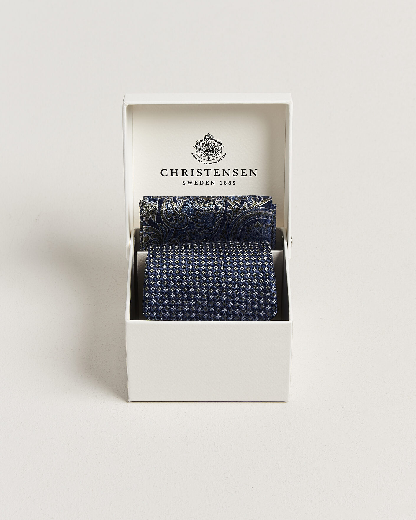 Herre | Slips | Amanda Christensen | Box Set Printed Silk 8cm Tie With Pocket Square Navy/Green
