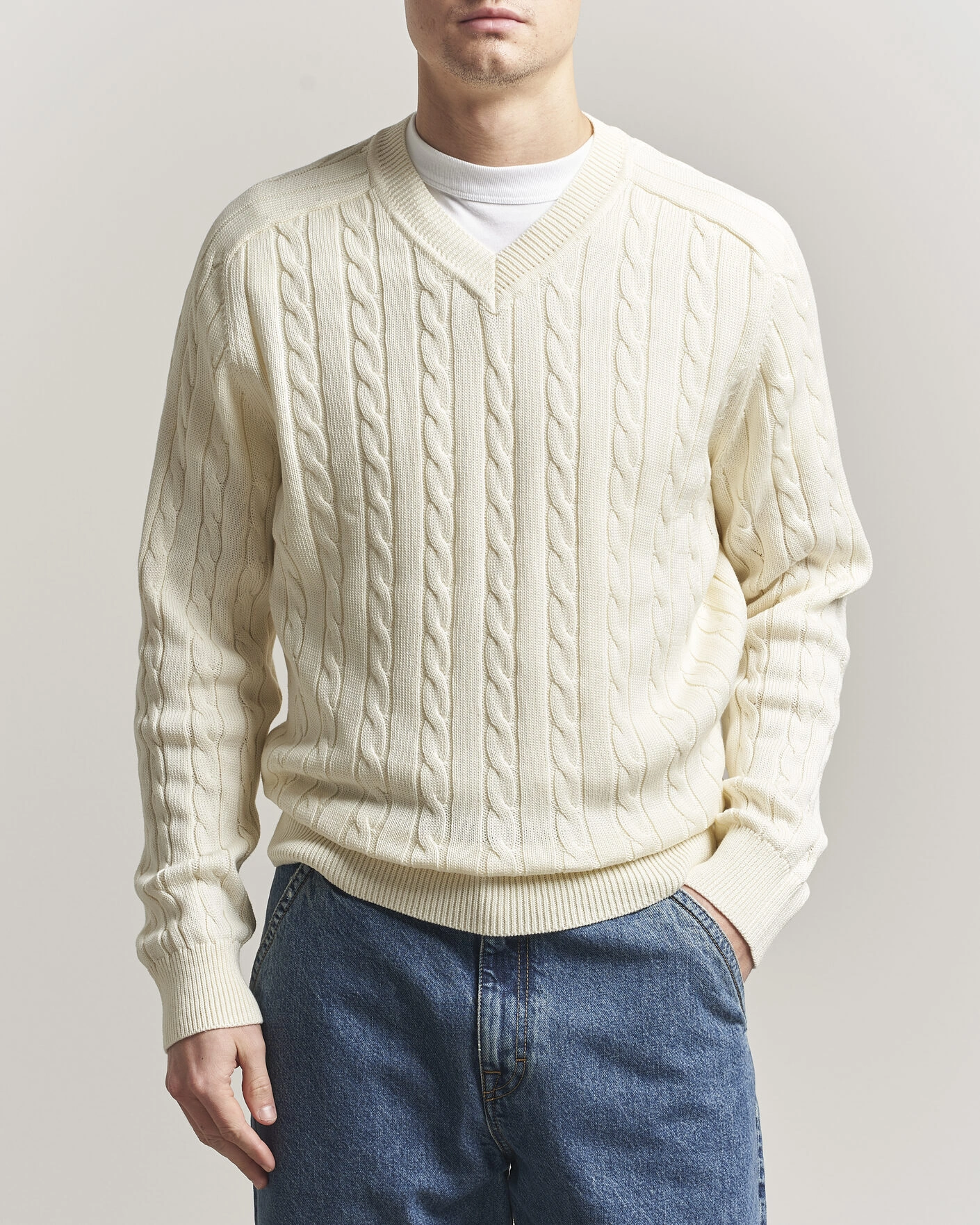 Herre | Trøjer | Filippa K | Cotton Cable V-Neck Sweater Calico White