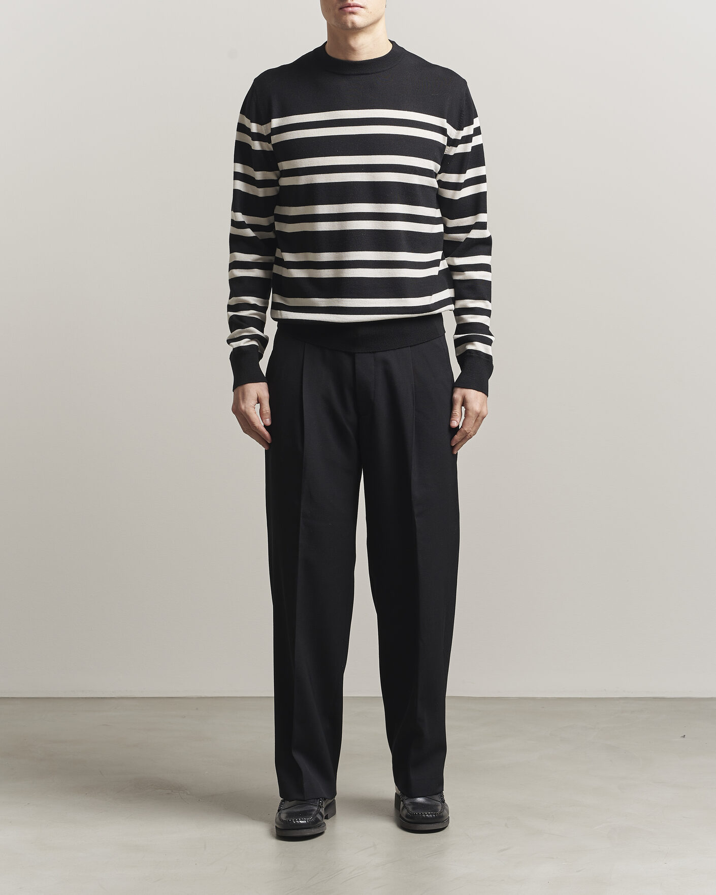Herre | Trøjer | Filippa K | Merino Knitted Striped Sweater Black/White