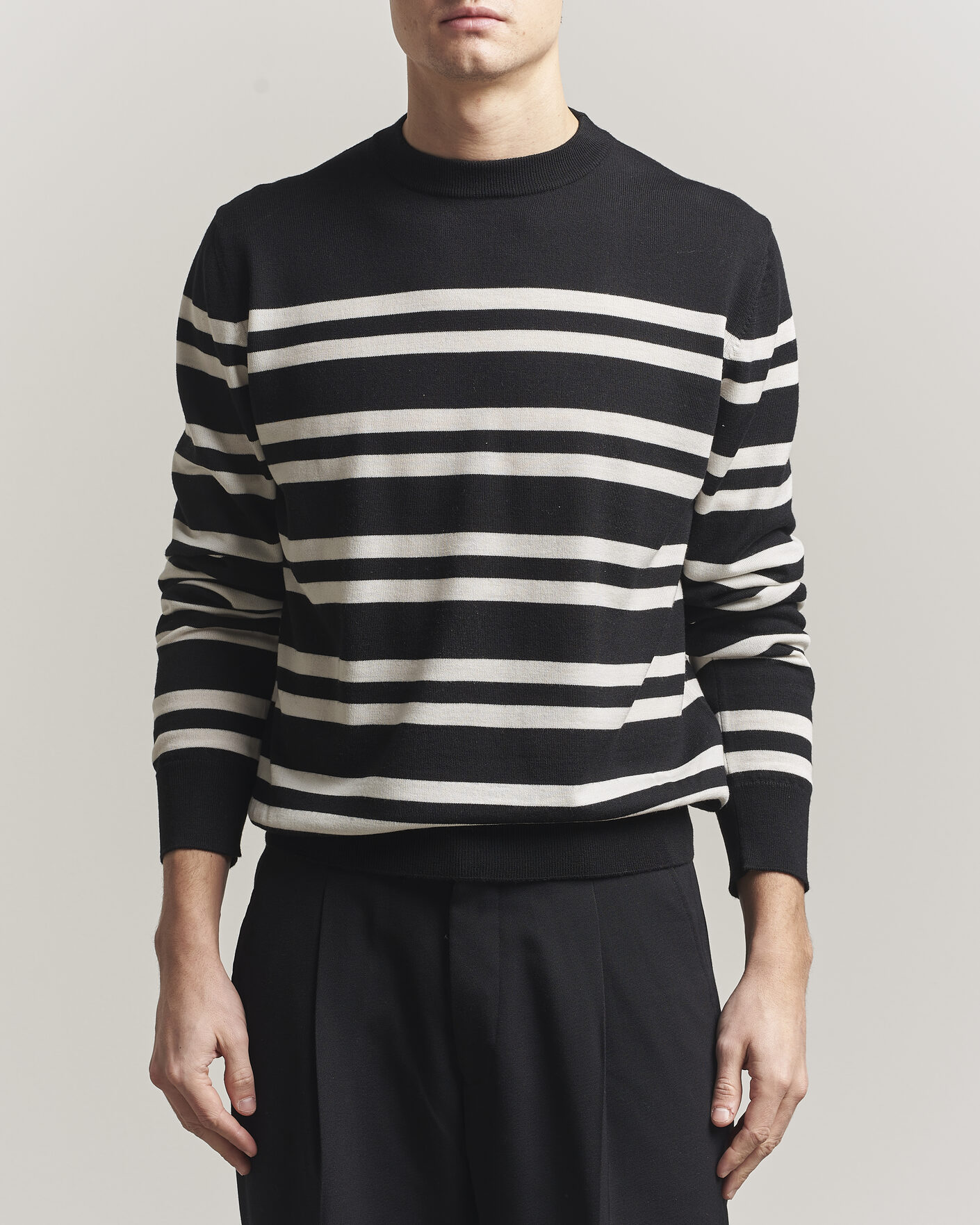 Herre | Trøjer | Filippa K | Merino Knitted Striped Sweater Black/White