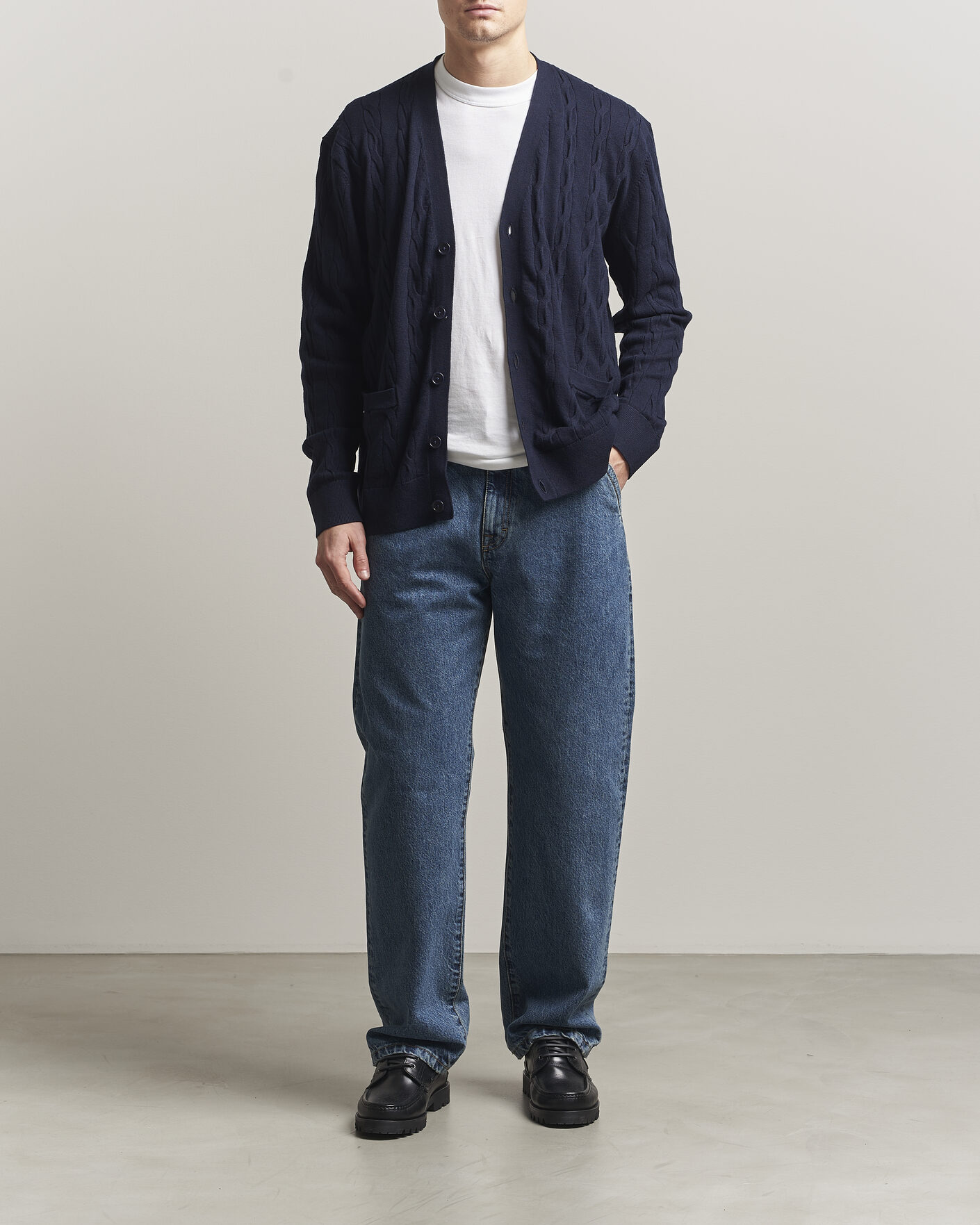 Herre | Trøjer | Filippa K | Cotton/Merino Cable Cardigan Navy