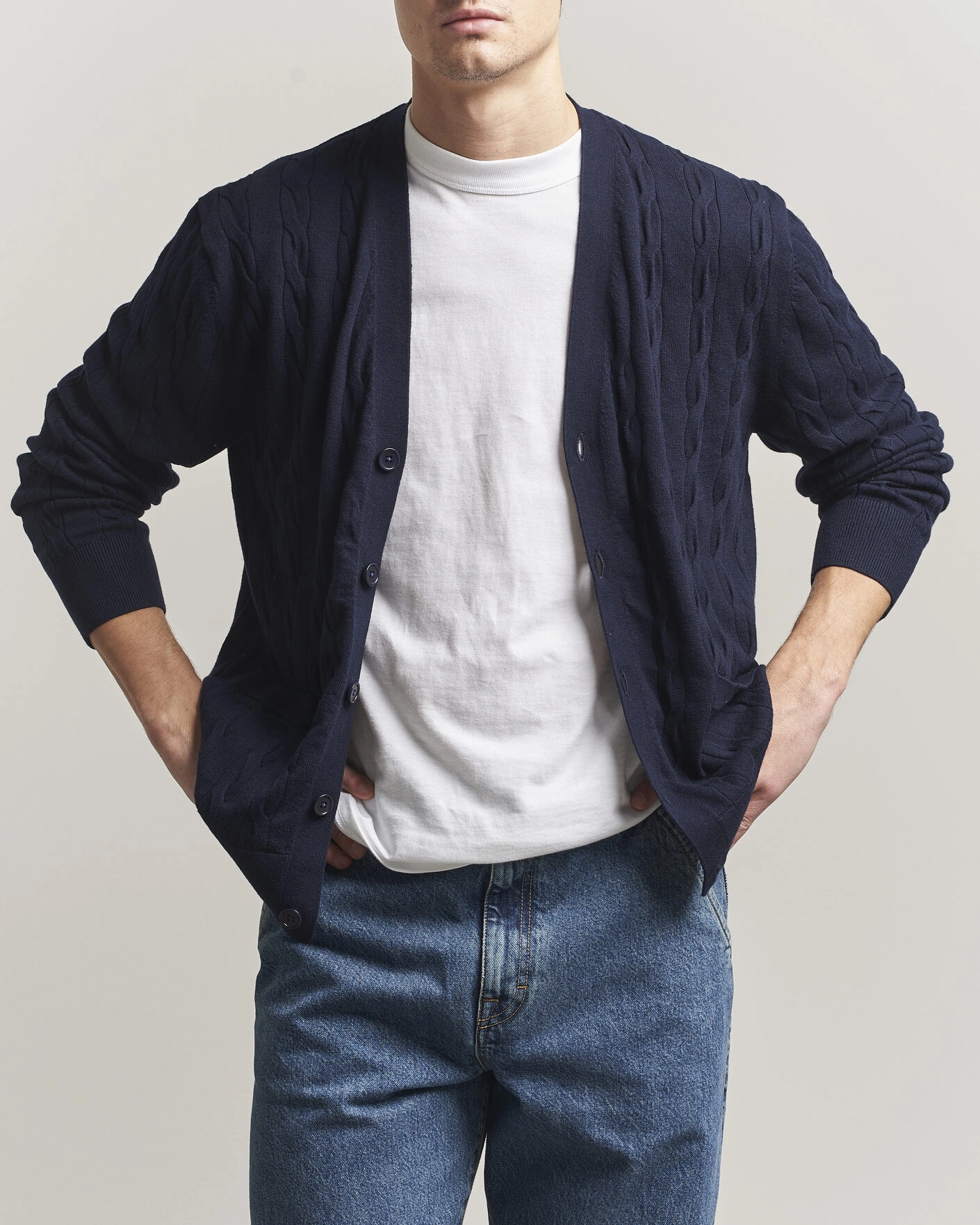 Herre | Trøjer | Filippa K | Cotton/Merino Cable Cardigan Navy