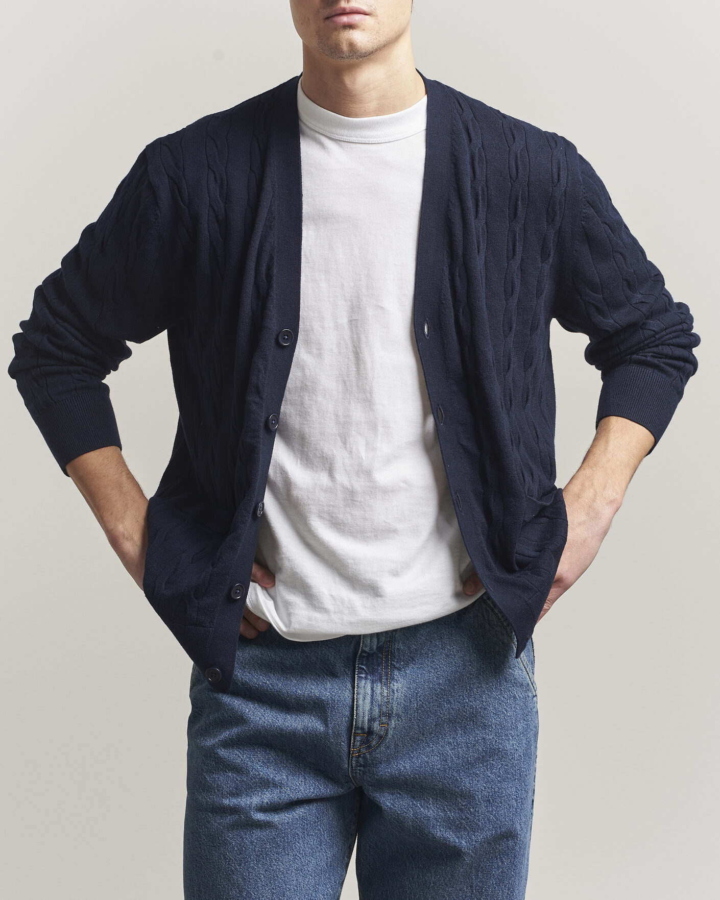 Herre | Trøjer | Filippa K | Cotton/Merino Cable Cardigan Navy