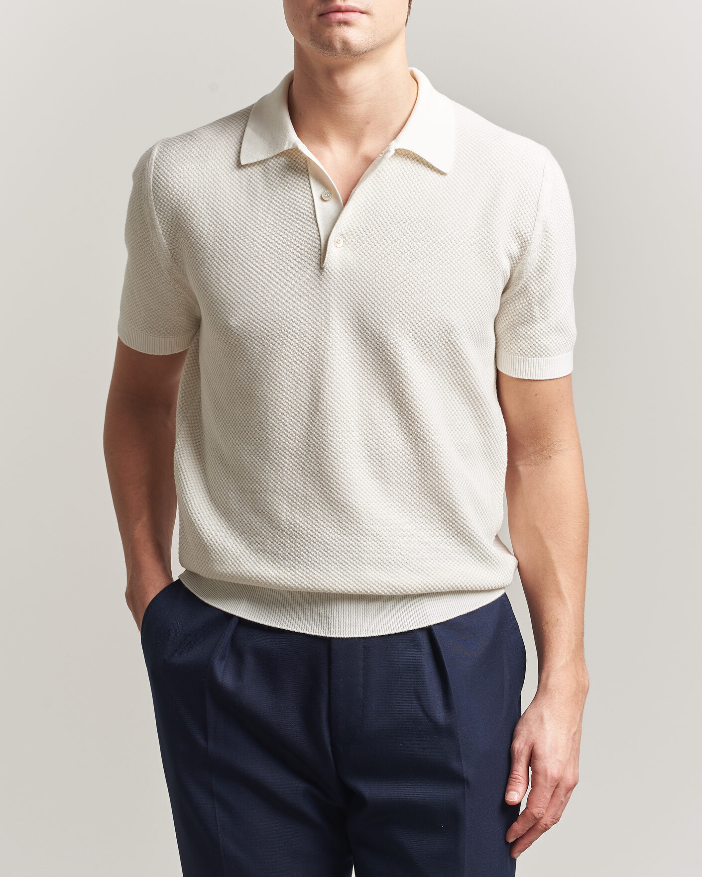 Herre | Polotrøjer | Canali | Textured Knit Short Sleeve Polo Off White