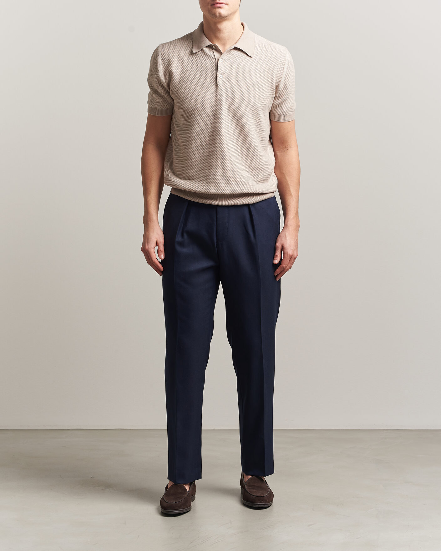 Herre | Polotrøjer | Canali | Textured Knit Short Sleeve Polo Light Beige