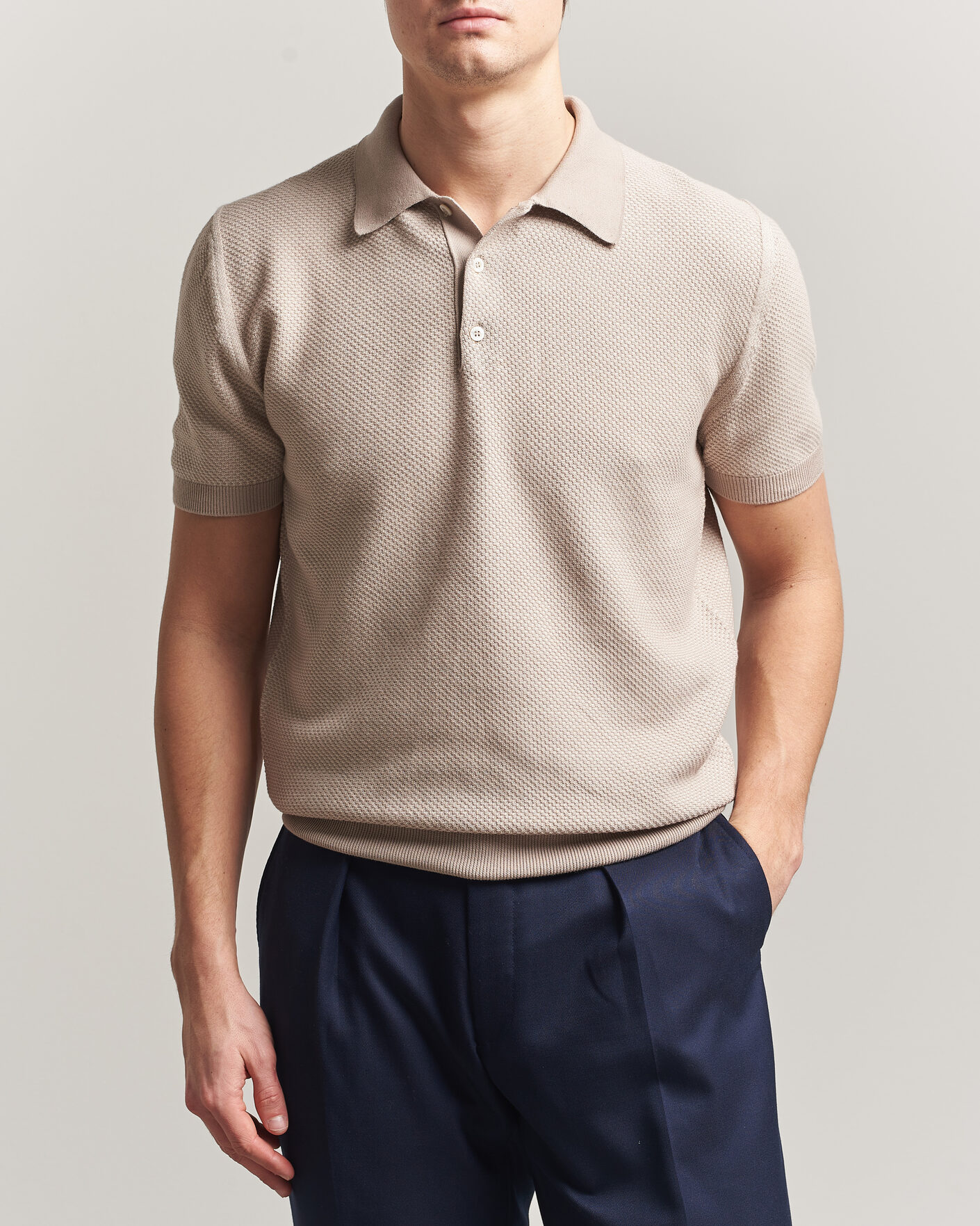 Herre | Polotrøjer | Canali | Textured Knit Short Sleeve Polo Light Beige