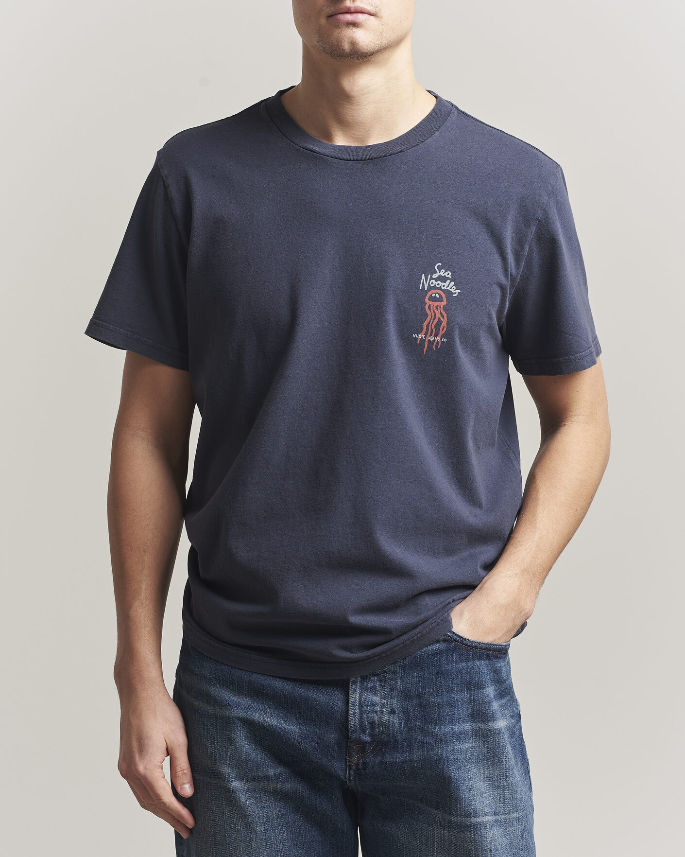 Herre | T-Shirts | Nudie Jeans | Roy Printed T-Shirt Dark Blue