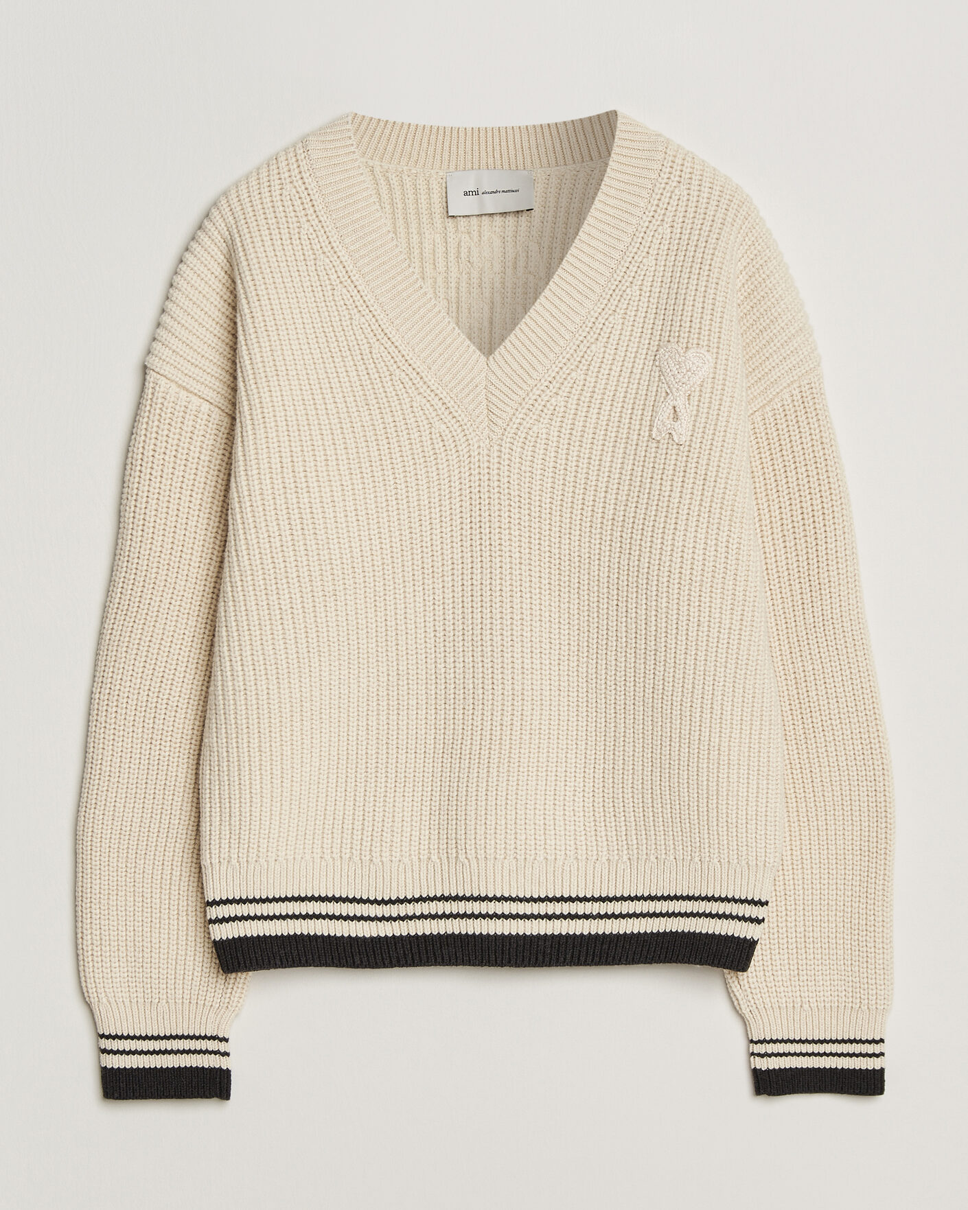 Herre | Trøjer | AMI | Wool/Cotton Ribbed V-Neck Creme