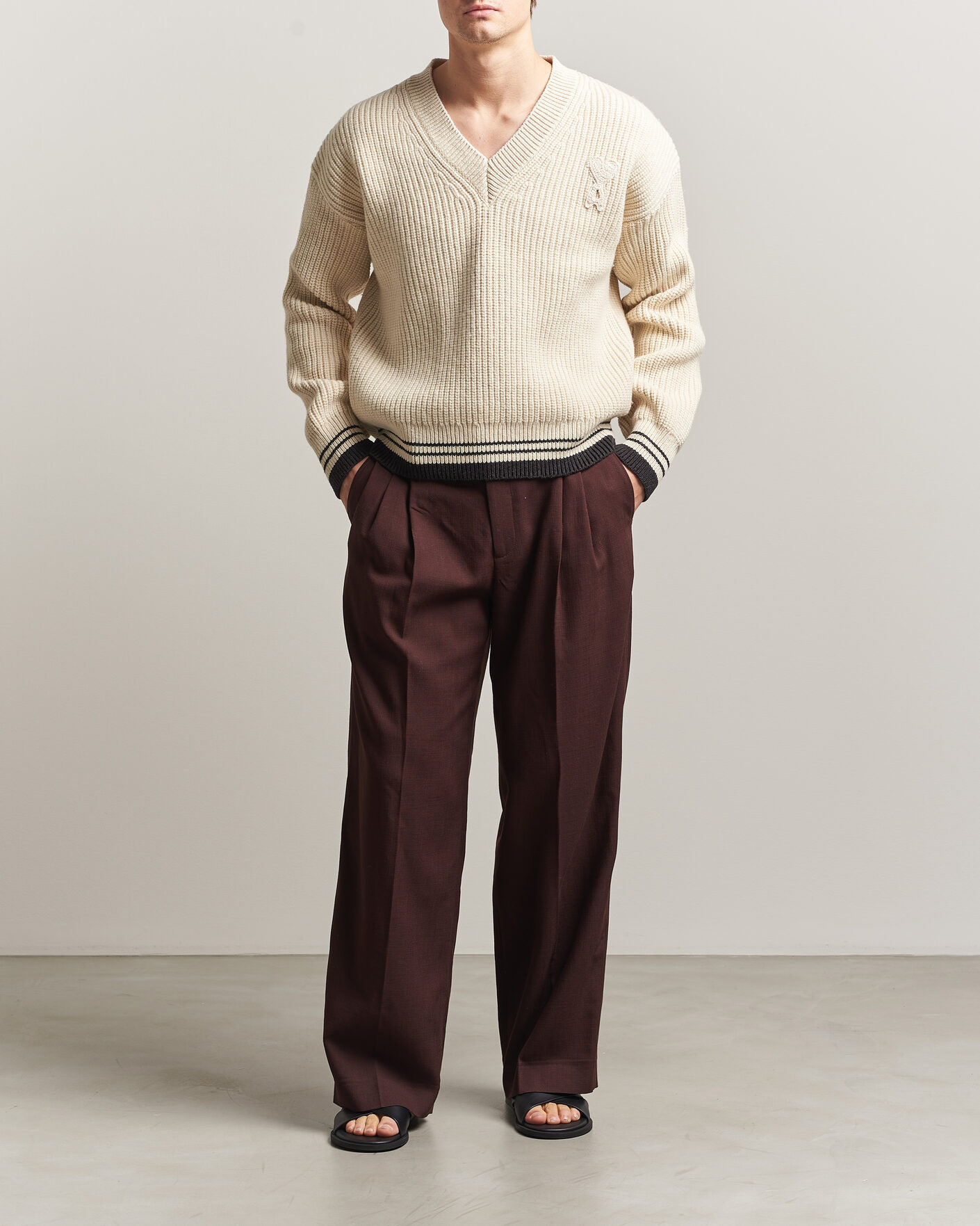 Herre | Trøjer | AMI | Wool/Cotton Ribbed V-Neck Creme