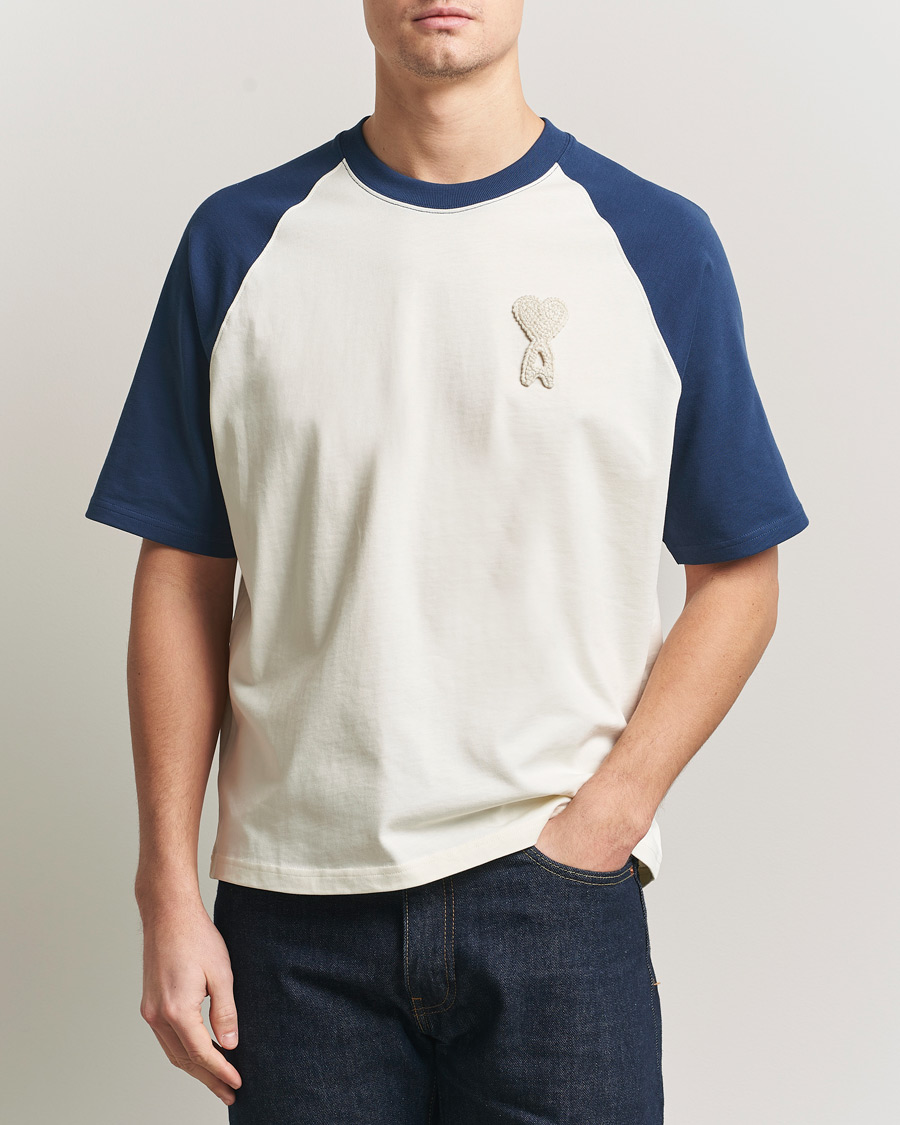 Herre | T-Shirts | AMI | Knitted Heart Logo T-Shirt Creme/Navy