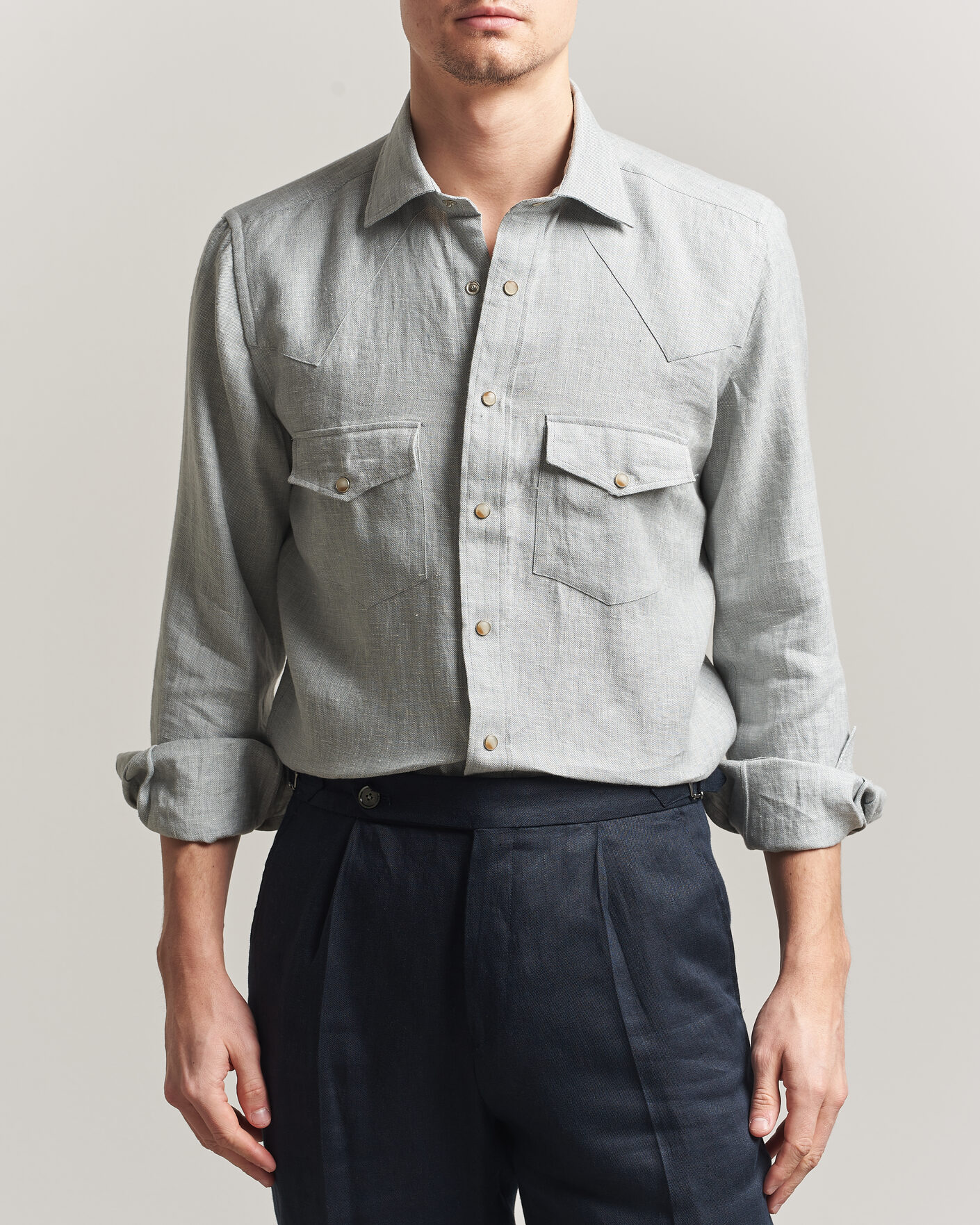 Herre | Skjorter | 100Hands | Two Pocket Western Linen Shirt Mint Green