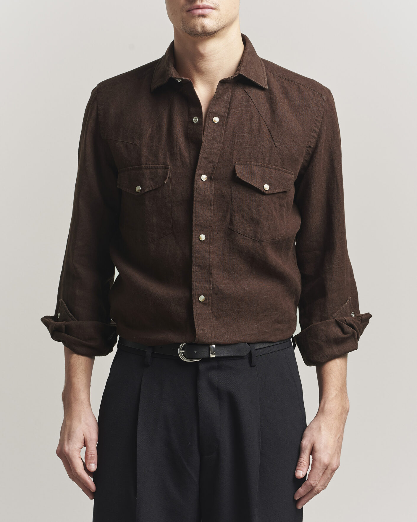 Herre | Skjorter | 100Hands | Two Pocket Western Linen Shirt Chocolate