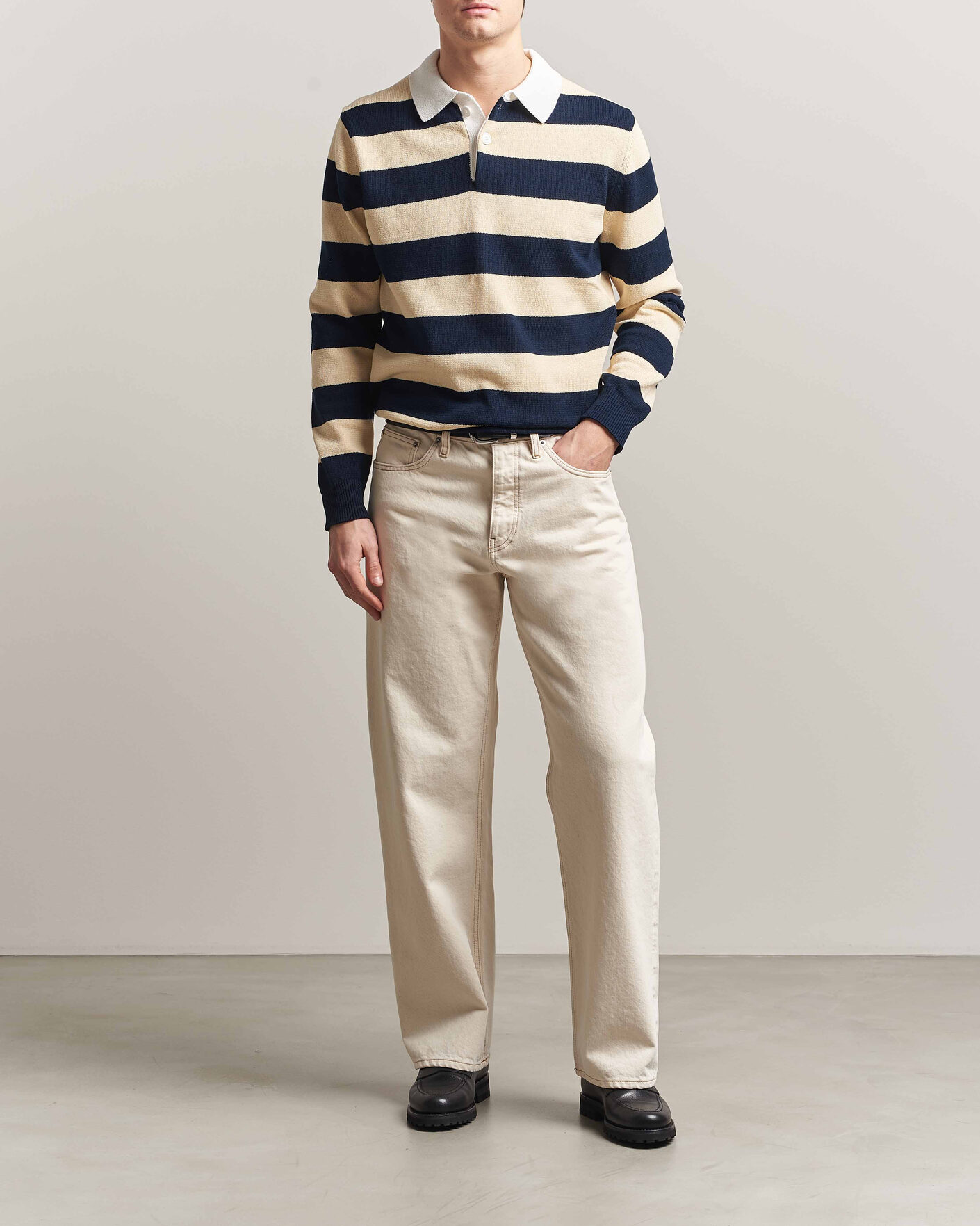 Herre | Trøjer | Aspesi | Long Sleeve Knitted Polo Navy/Ecru