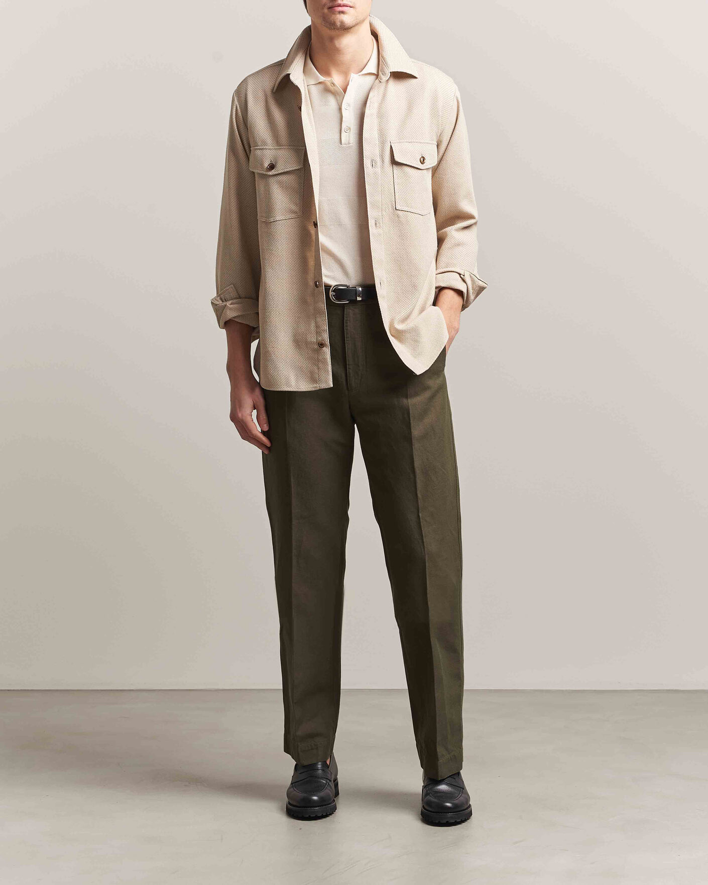 Herre | Bukser | Incotex | Regular Fit Cotton/Linen Drill Trousers Military