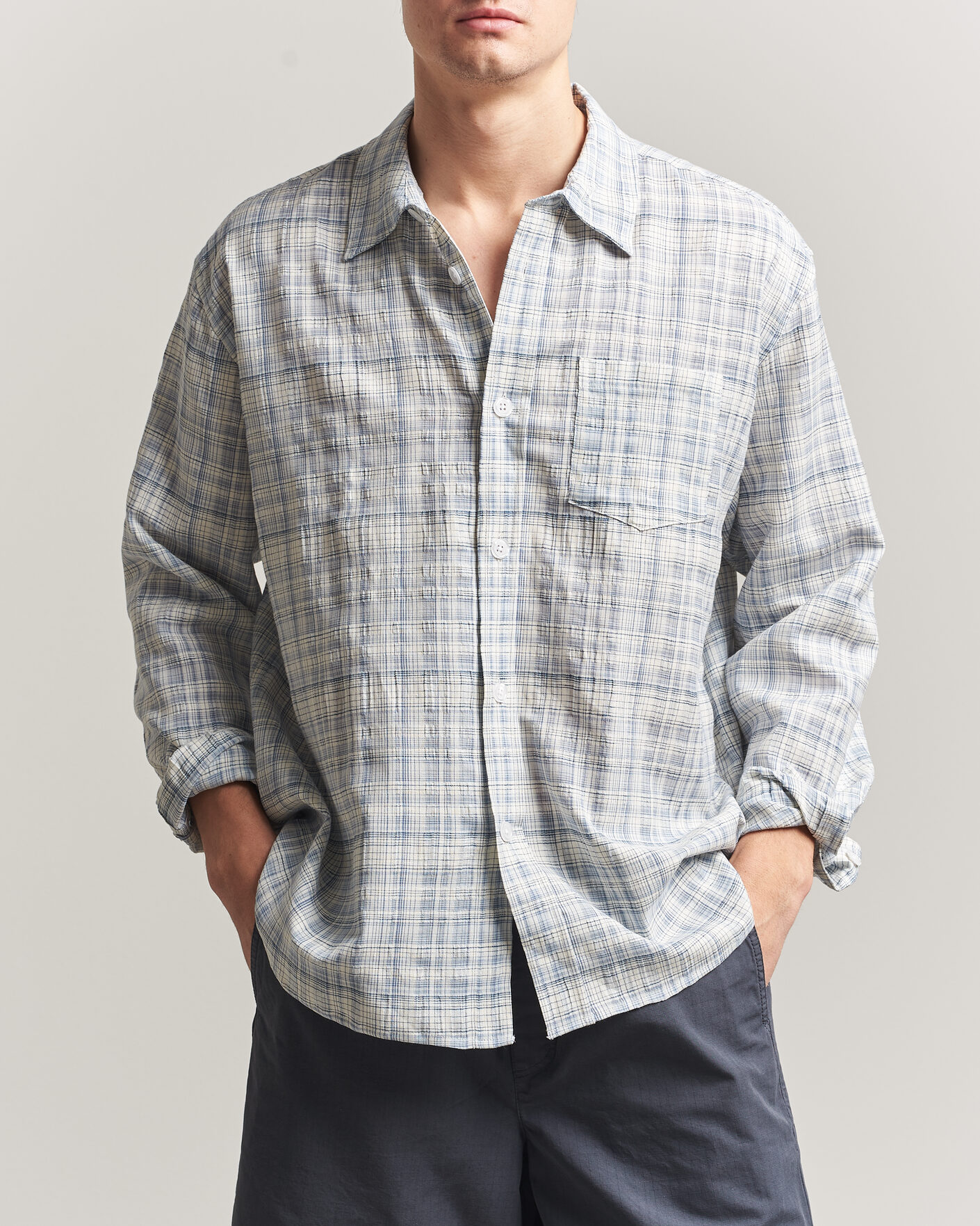 Herre | Skjorter | Palmes | Cotton/Linen Shirt Light Blue Check