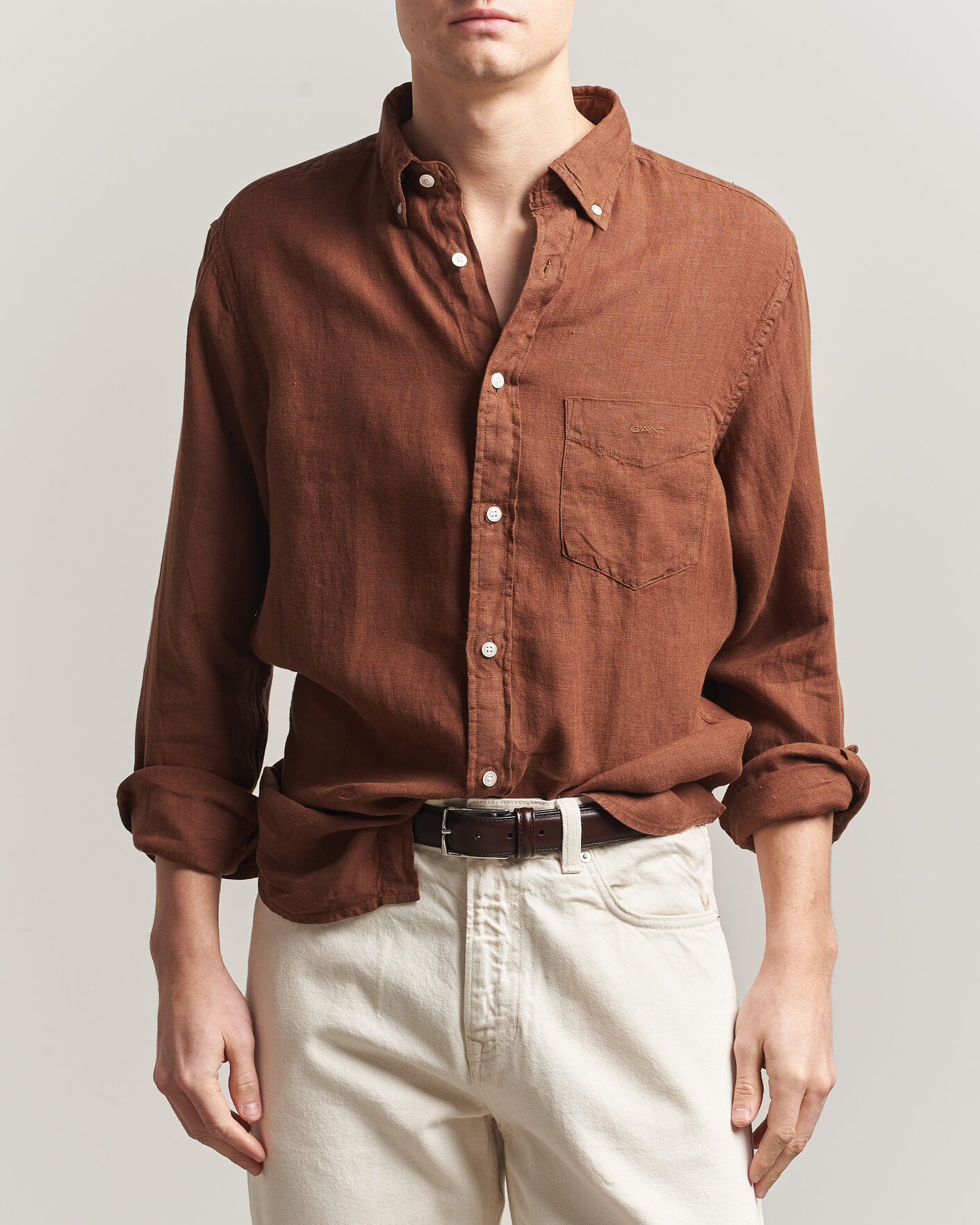 Herre | Skjorter | Gant | Regular Fit Garment Dyed Linen Shirt Mahogany Brown